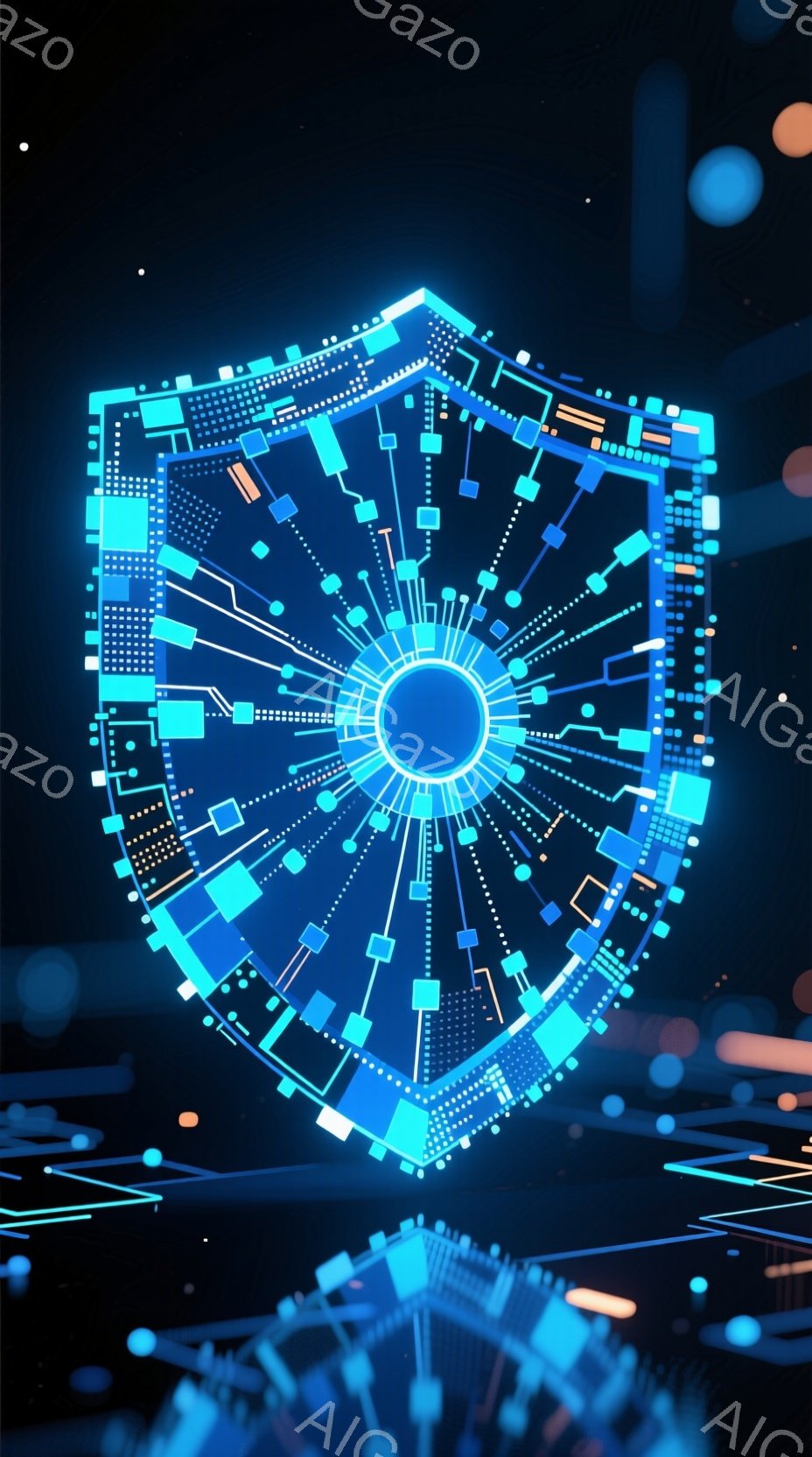 この画像は、青色のテクノロジー的なシールド（盾）を強調したものです。シールドは、中心から放射状に広がる線と、様々な形をした小さな四角や円で構成されており、未来的なサイバーセキュリティのイメージを喚起さ - AI生成フリー素材