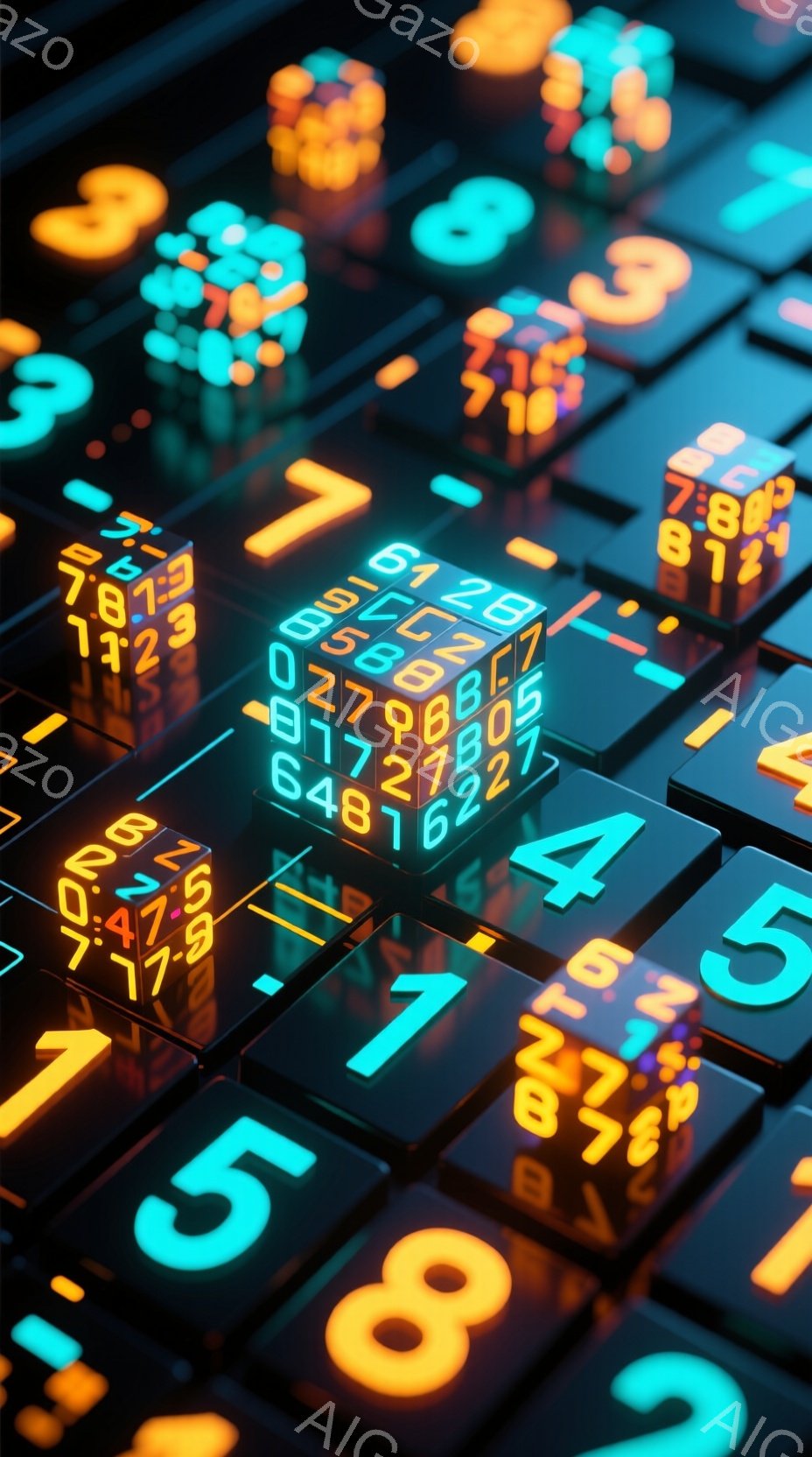 鮮やかなネオンカラーの数字が、立方体状のブロックに表示され、それらが複雑に組み合わさって、まるで未来的な都市の風景のように見えます。ブロックは黒い背景に浮かび上がり、光沢があり、そのコントラストが視覚的なインパクトを強めています。全体的に、デジタルでサイバーパンクな雰囲気があり、テクノロジーと都市の融合を想起させます。