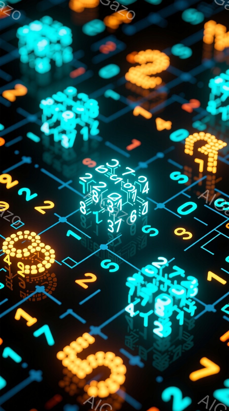 画像は暗い背景に、様々な数字や記号が発光している様子を捉えています。鮮やかなターコイズブルーとオレンジ色が中心で、数字や記号はそれぞれ立体的な形状をしており、まるでデジタル空間に浮かんでいるかのようで - AI生成フリー素材