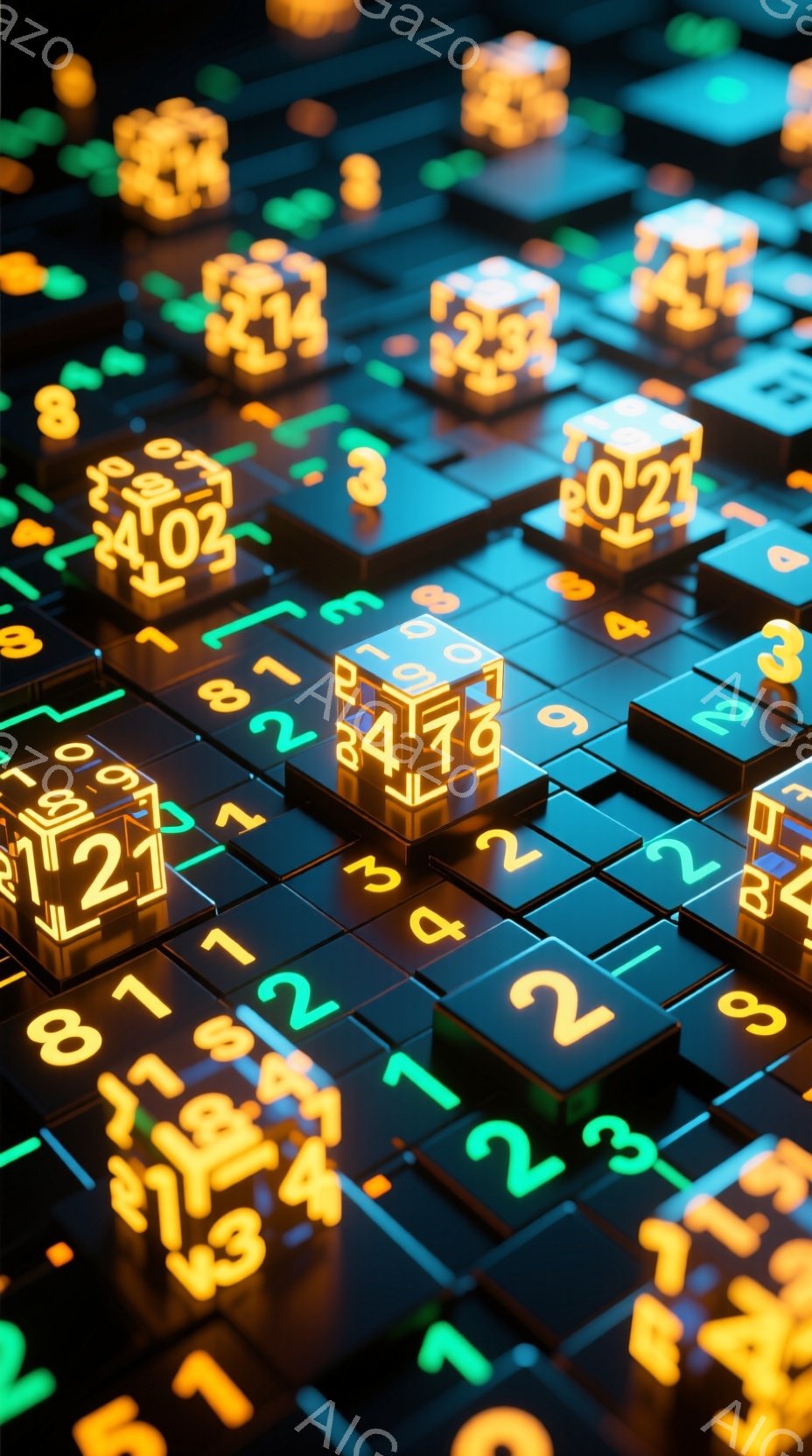 画像は、光沢のある濃い緑色の基盤上に配置された、様々な数値が刻まれた発光するオレンジ色の立方体の集合体を示しています。立方体は、不規則なパターンで配置され、奥行きと立体感を強調しています。全体的に、未 - AI生成フリー素材