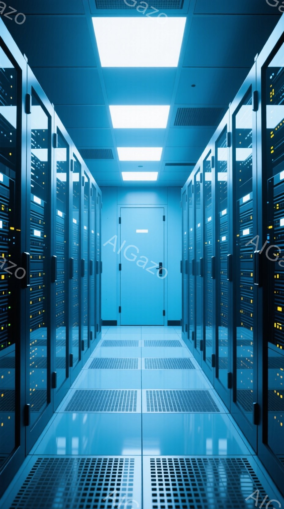 この画像は、青色のサーバーラックが両側に並んだ、廊下のような空間を捉えています。床はグレーのタイル張りで、サーバーラックの隙間から青色の光が発せられています。通路の奥にはドアがあり、全体的に冷たく、技 - AI生成フリー素材