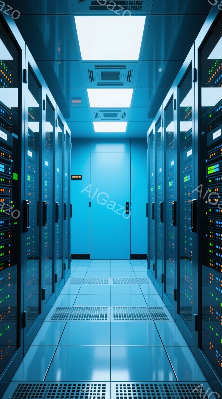 この画像は、サーバーラックが整然と並んだデータセンターの廊下の様子を捉えています。青色の光が筐体から発せられ、通路全体を照らし出しており、薄暗く静寂な雰囲気が漂っています。床にはケーブル配線用のタイルが敷かれ、システム管理の効率性を感じさせます。