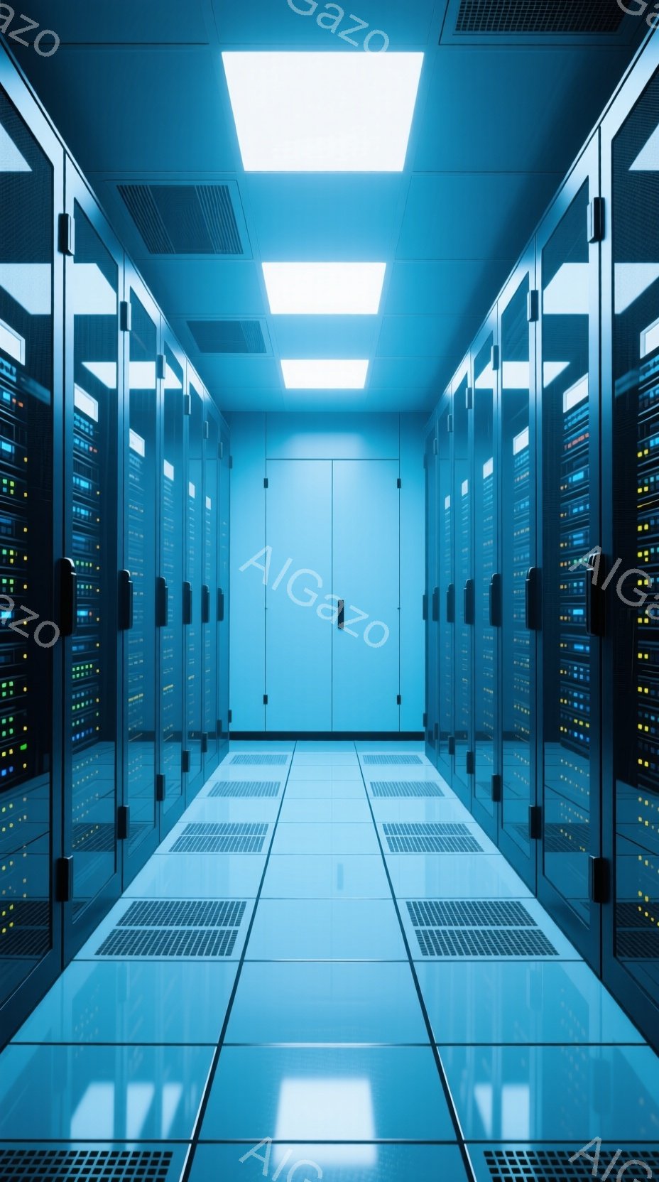 この画像は、青色のサーバーラックが両側に並ぶ、整然としたデータセンター内の廊下を描写しています。床はタイル張りの通路で、明るい蛍光灯が天井から光を放ち、無機質で技術的な雰囲気を醸し出しています。サーバ - AI生成フリー素材
