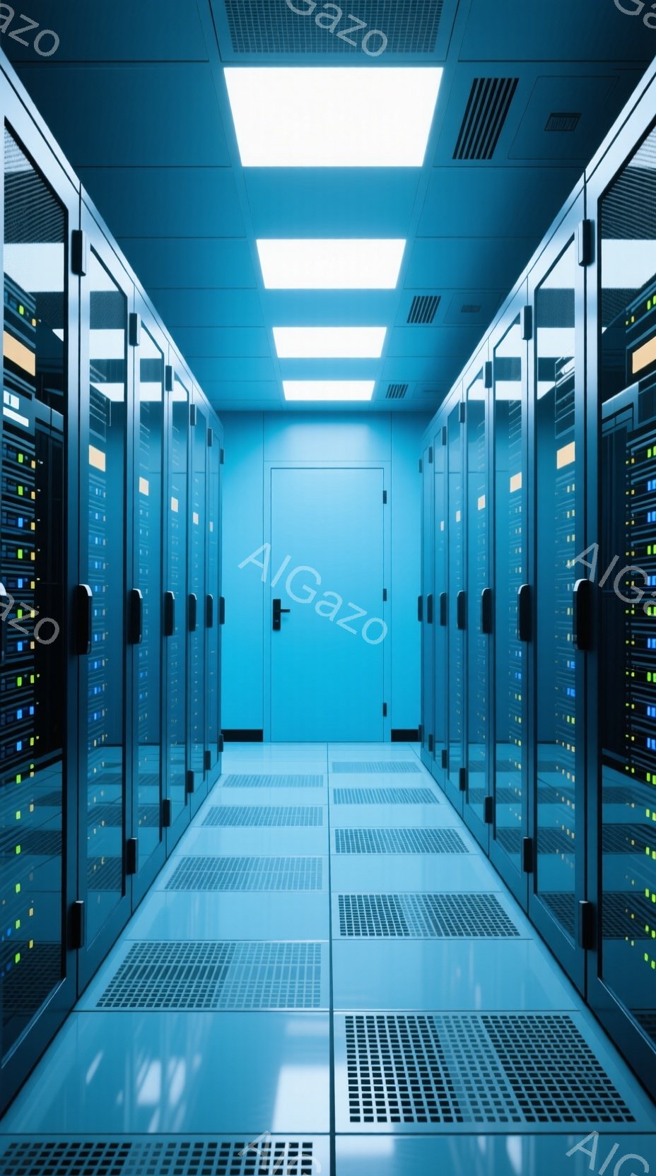 この画像は、サーバーラックが整然と並ぶデータセンターの廊下の様子を示しています。青と黒を基調としたラックには様々な色のランプが点灯しており、床はグレーの通気性の高いタイルで覆われています。明るい蛍光灯 - AI生成フリー素材