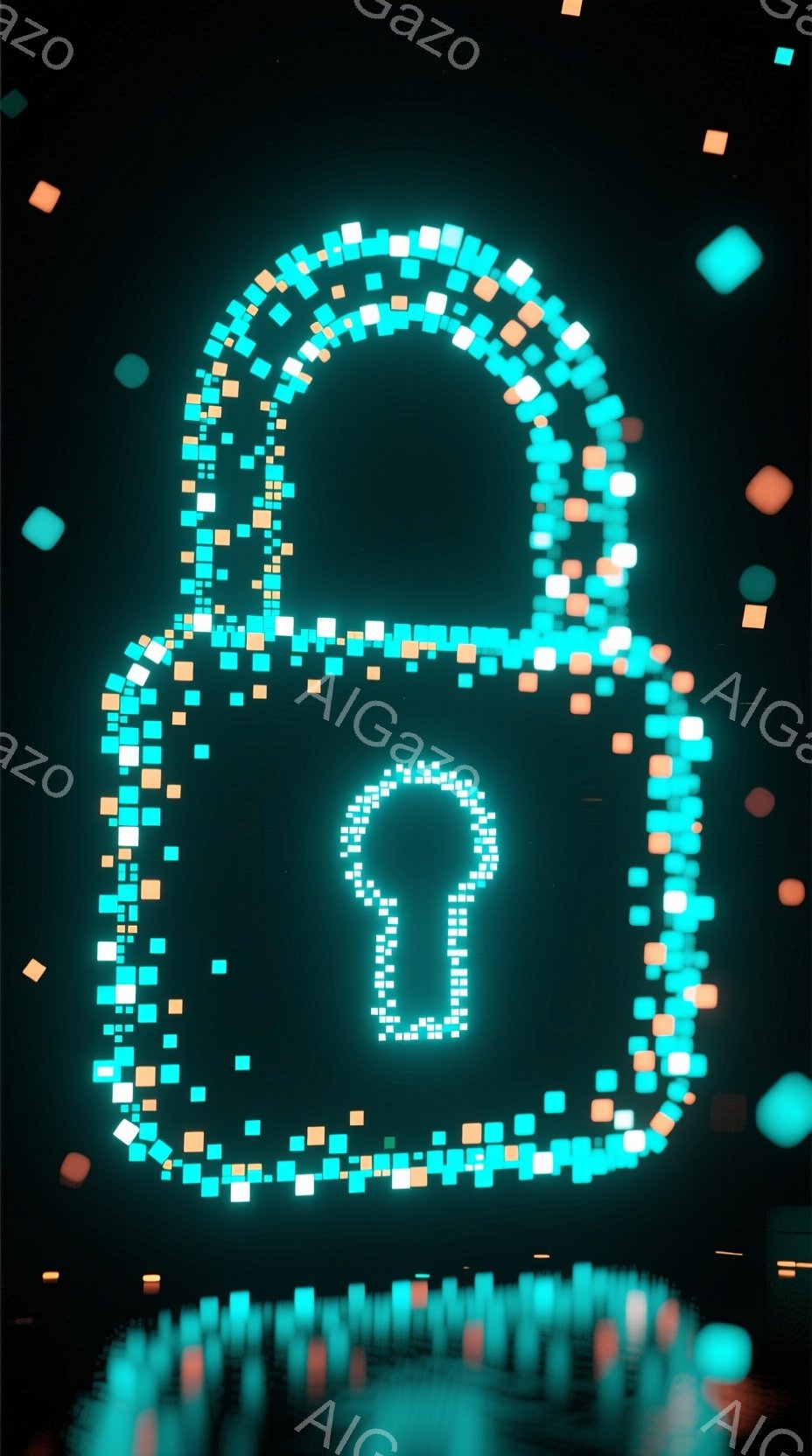 この画像は、鮮やかなターコイズブルーとオレンジ色の小さな正方形の光の集合体で構成された南京錠のシルエットを描いています。背景は暗く、さらに小さな正方形の光がぼんやりと光り、奥行きと未来的な雰囲気を醸し出しています。全体的に、デジタルセキュリティやデータ保護を象徴するような、抽象的でハイテクなイメージです。