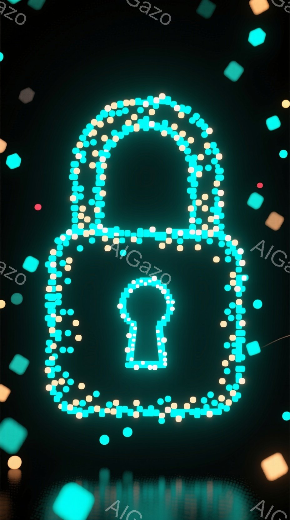 この画像は、デジタルな鍵のシルエットを表現しており、無数の小さな光の点が鍵の形を構成しています。背景は暗いグレーで、様々な色と形の光の点が散りばめられ、サイバー空間やセキュリティといった印象を与えます。全体的に未来的な雰囲気で、技術的な先進性や保護の概念を連想させます。