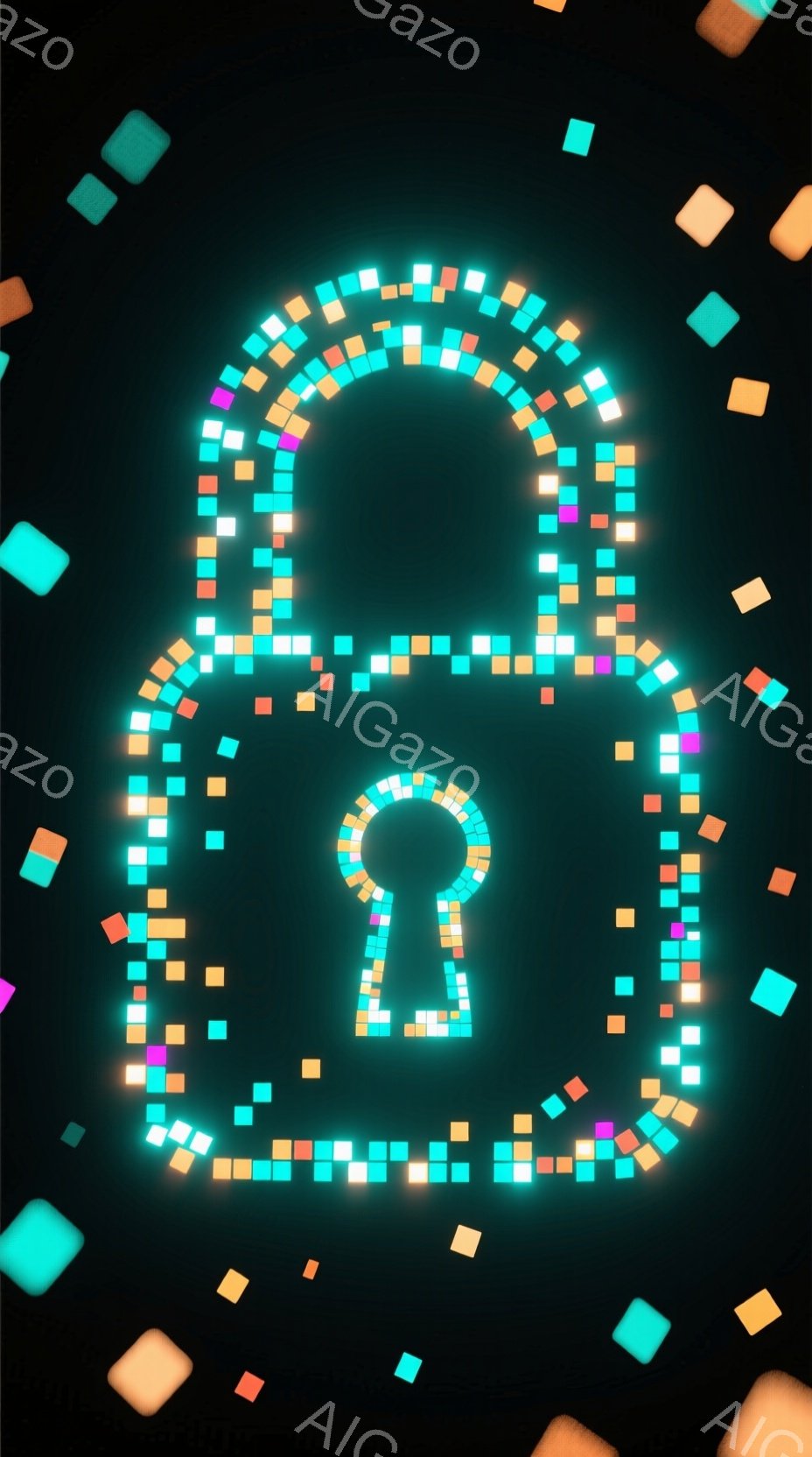 暗い背景に、カラフルな正方形のブロックで構成された南京錠が描かれています。南京錠は明るい緑色で光っており、鍵穴も同様に光を放っています。周囲には、さまざまな色のブロックが散らばり、まるでデジタルな空間を表現しているようです。