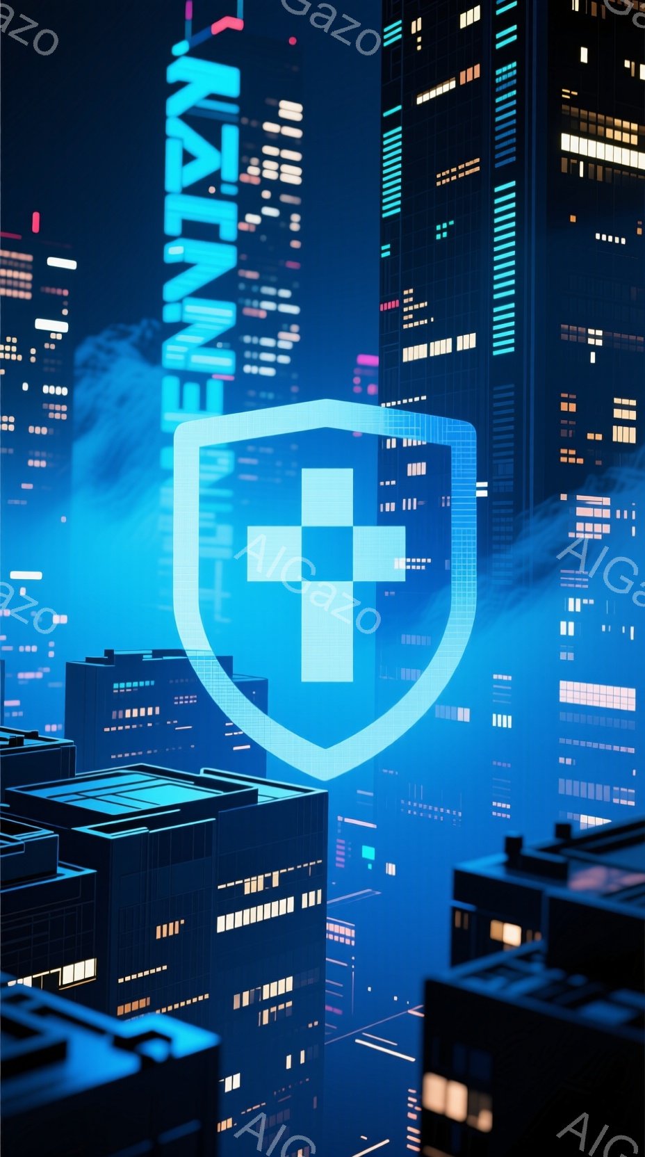 画像は、夜景の都市を背景に、青色の光る盾が中央に配置されています。高層ビル群が光り、都市の活気を表現しており、盾は未来的な印象を与えます。全体的に、テクノロジーとセキュリティを連想させる、クールで洗練 - AI生成フリー素材