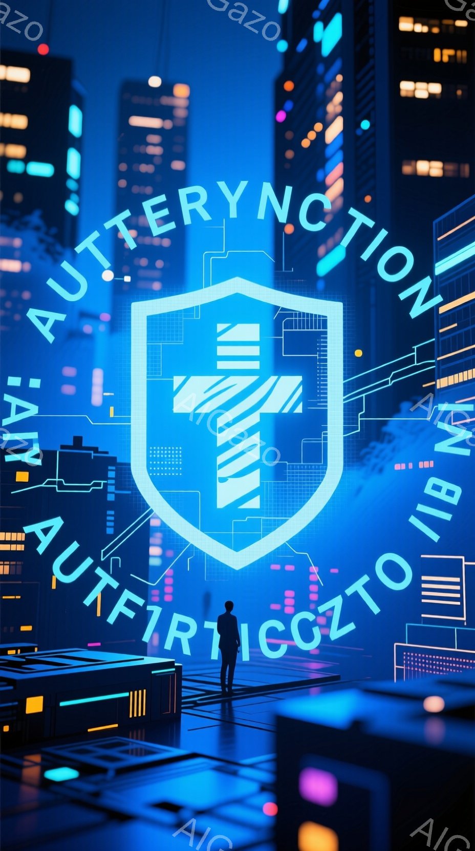 夜景を背景に、黒いコートを着た人物が立っている。その人物の前に、青い光を放つ盾のような形のデジタルインターフェースが表示されており、その中に十字の模様が描かれている。全体的に近未来的な雰囲気で、デジタル技術と精神性の融合を暗示しているように見える。