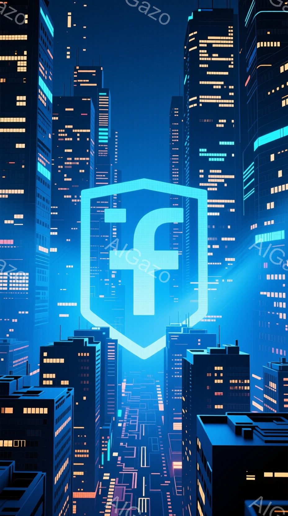 鮮やかな青色の夜景が広がっており、高層ビル群が密集して見える。中央には青い盾形のアイコンがあり、白い線で「f」の文字が描かれている。街並みは未来的な雰囲気で、光のラインが都市の構造を強調し、全体的にクールでモダンな印象を与えている。