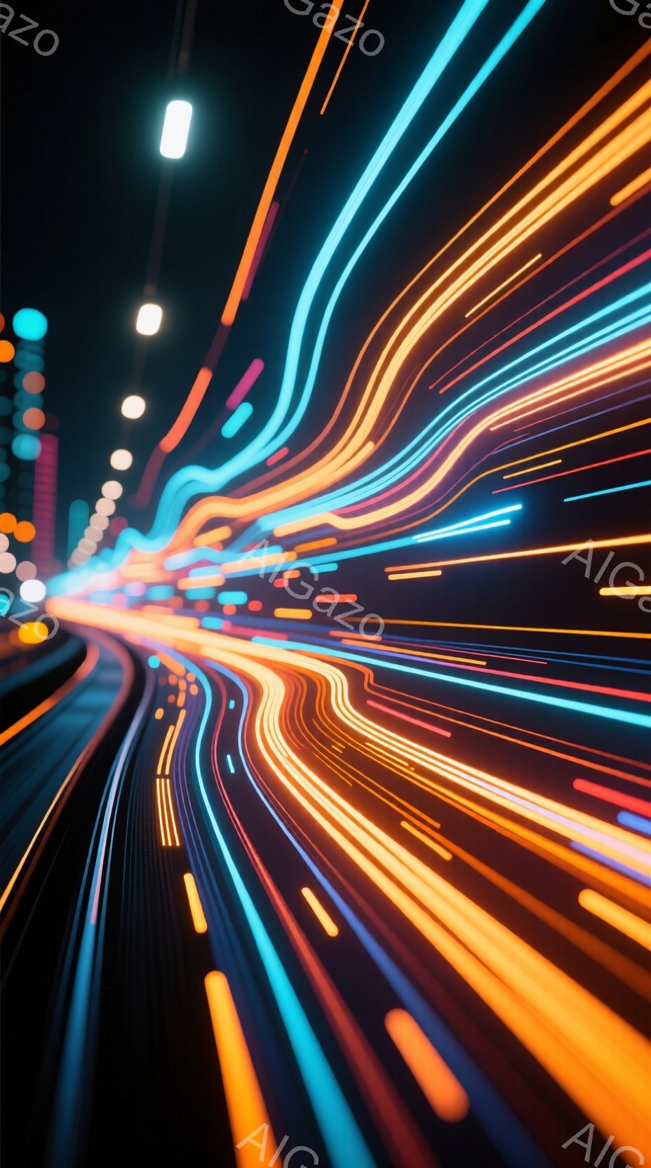 夜間の高速道路を捉えた写真で、車のライトが光の帯のように流れています。オレンジ、黄色、青色の光が交差しており、速度感と未来的な雰囲気を醸し出しています。背景は暗闇に包まれ、光の軌跡が際立っています。