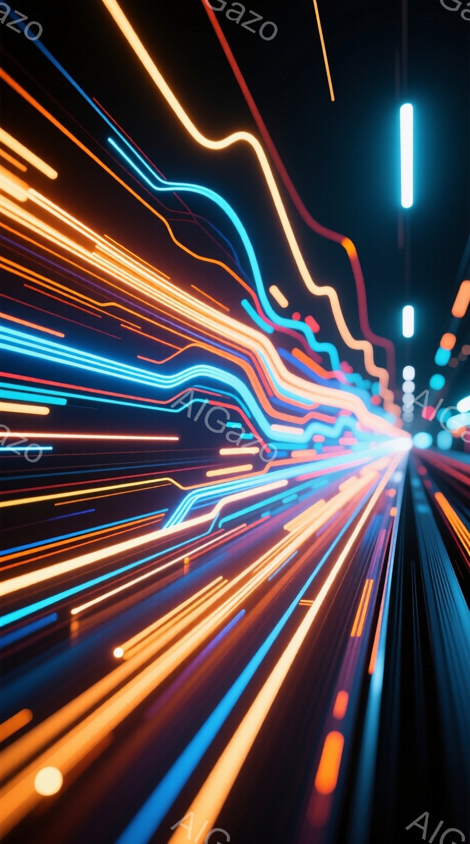 鮮やかな光の線が、まるで高速道路のように視点の先へと伸びていくダイナミックな画像です。オレンジ、青、赤などの色彩が混ざり合い、スピード感と未来的な雰囲気を醸し出しています。まるで光のトンネルを駆け抜けるような、躍動感溢れる情景が印象的です。