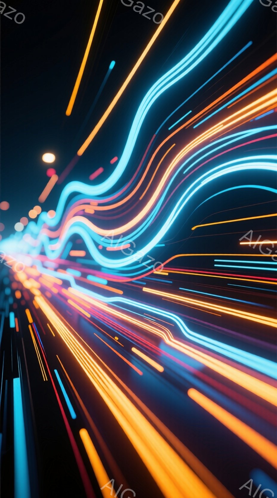 この画像は、夜間の高速道路または未来的な都市の風景を捉えた光の軌跡の抽象的な表現です。鮮やかなオレンジ、青、ピンク色の光線が、まるでトンネルのように遠近法で収束し、スピード感とエネルギーを強調しています。暗い背景とのコントラストが、光の強さを際立たせ、躍動感あふれる印象を与えます。