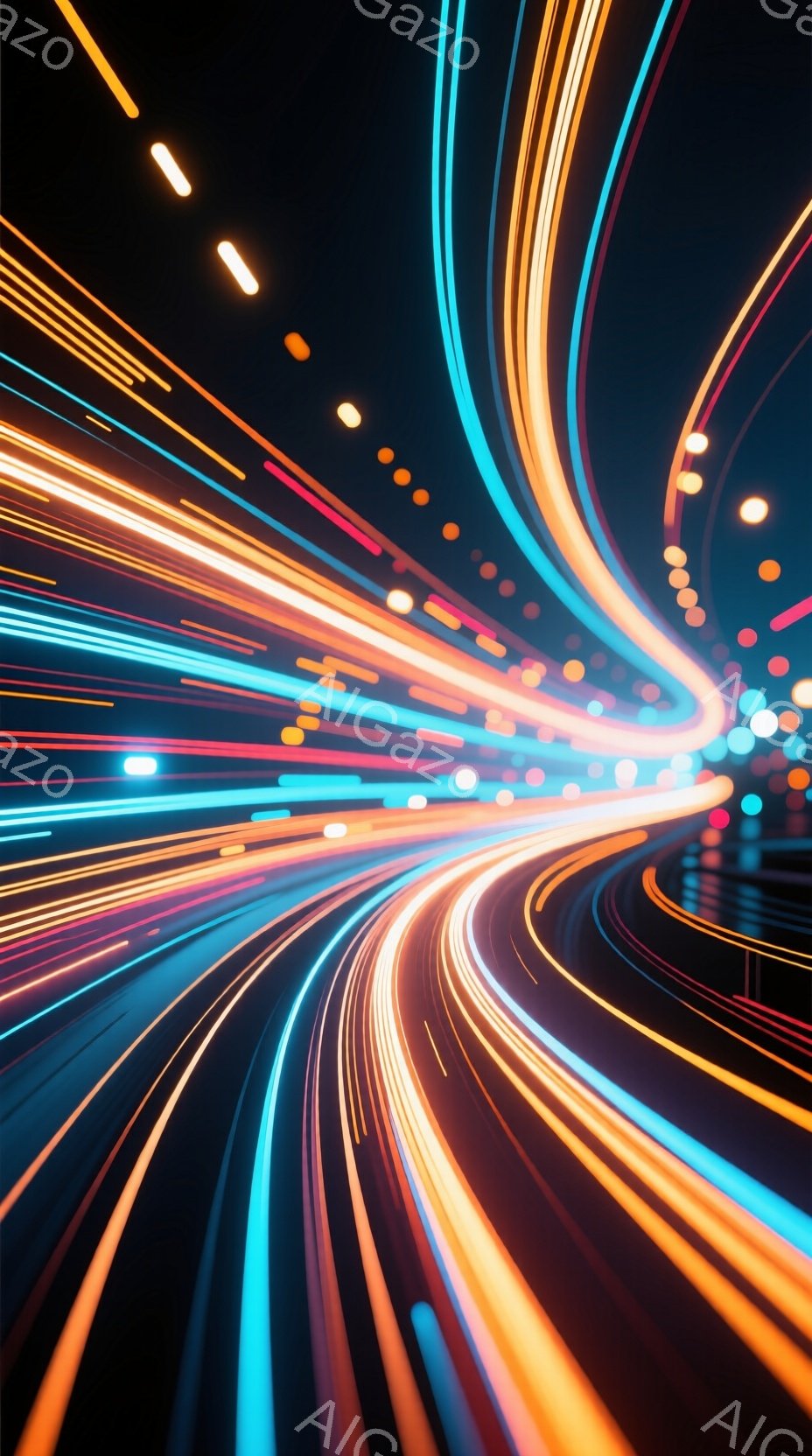鮮やかな光の帯が、暗い背景を曲線的に走り抜けている様子が描かれている。オレンジ、青、ピンクといった色が混ざり合い、速度感と未来的な雰囲気を醸し出している。光の軌跡が道路のようであり、夜間の交通流を表現しているかのように見える。