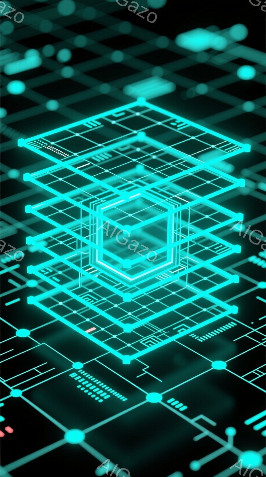 鮮やかな青色の光が発する、回路のような複雑なパターンが広がっています。中央には、立方体状の構造物が輝きを放ち、その周囲に細い線が網の目のように接続されています。全体的に未来的なデジタル空間を想起させる - AI生成フリー素材