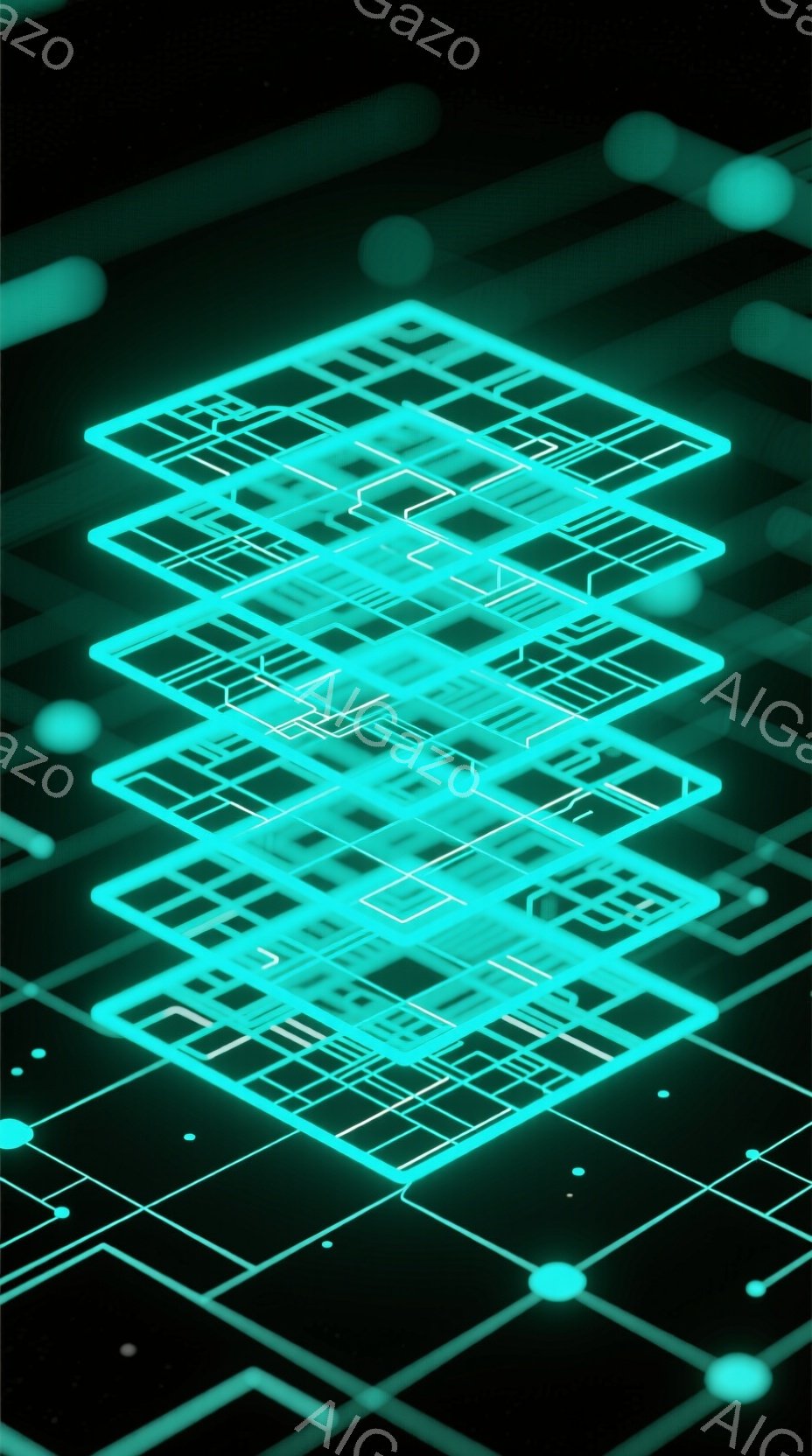 この画像は、暗い背景に浮かび上がる、複雑な緑色の配線模様が幾重にも重なった抽象的な表現です。配線は幾何学的なパターンを形成しており、未来的なテクノロジーや回路基板を連想させます。点在する光の球体と、配線の光のラインが、神秘的でサイバーパンクな雰囲気を醸し出しています。