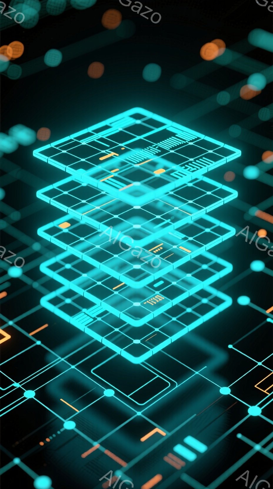 この画像は、電子回路を模した抽象的な表現で、鮮やかなターコイズブルーの線が複雑に絡み合って幾何学的なパターンを形成しています。回路の各部分は、多層的に配置され、光沢のある質感を持ち、未来的な雰囲気を醸 - AI生成フリー素材