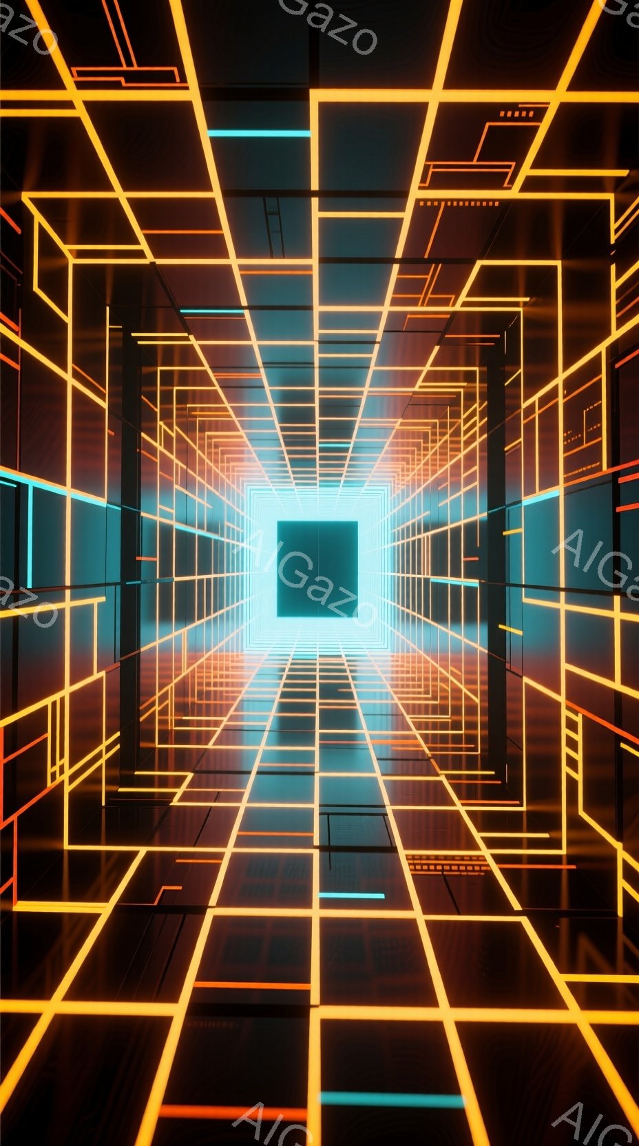 この画像は、鮮やかなネオンライトで構成された無限に続くトンネルを描いています。橙色と水色の光が格子状に交差しており、未来的なサイバースペース空間を想起させます。全体的に、強烈な没入感と、どこまでも続くような奥行きを感じさせる、幾何学的で抽象的な雰囲気です。