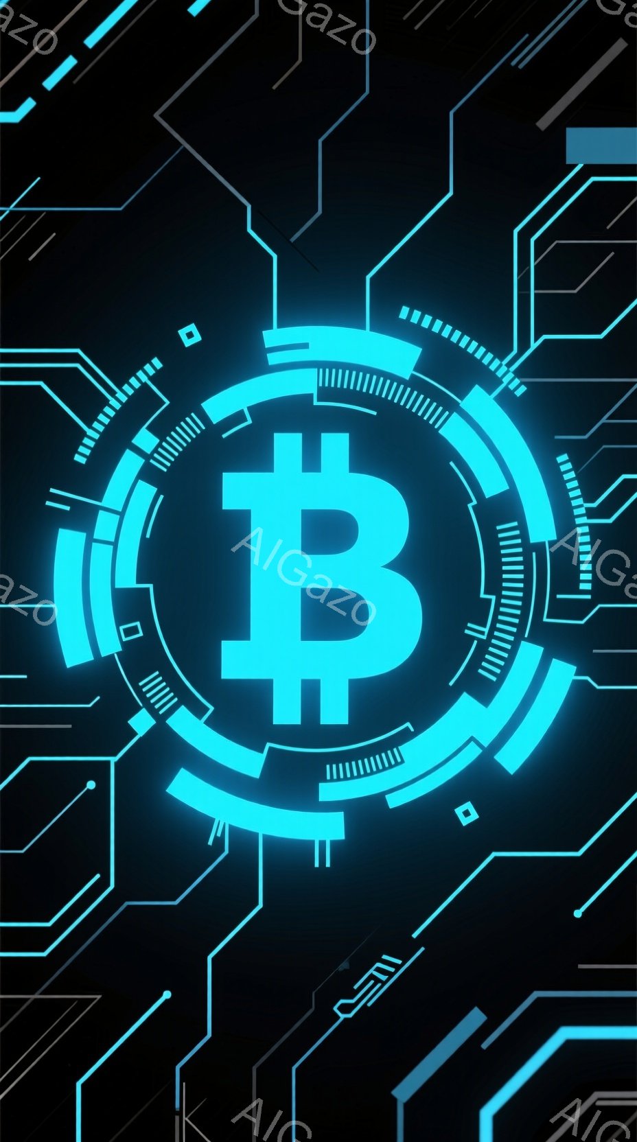 この画像は、暗い背景にネオンブルーのビットコインのシンボルが中央に配置されています。シンボルは複雑な円形の回路パターンで囲まれ、未来的なテクノロジーの雰囲気を醸し出しています。周囲には細い青い線が放射 - AI生成フリー素材