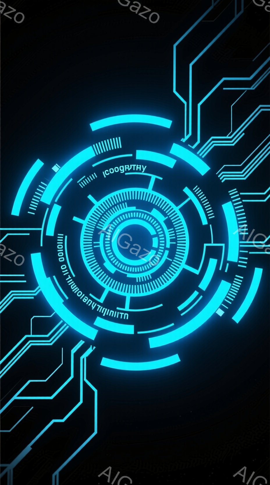 鮮やかな青色の光が発する、円形の技術的なインターフェースが特徴的な画像です。中央には同心円状のリングが複数あり、周囲には細い線状の回路が放射状に広がっています。全体的に未来的な雰囲気で、デジタル技術や - AI生成フリー素材