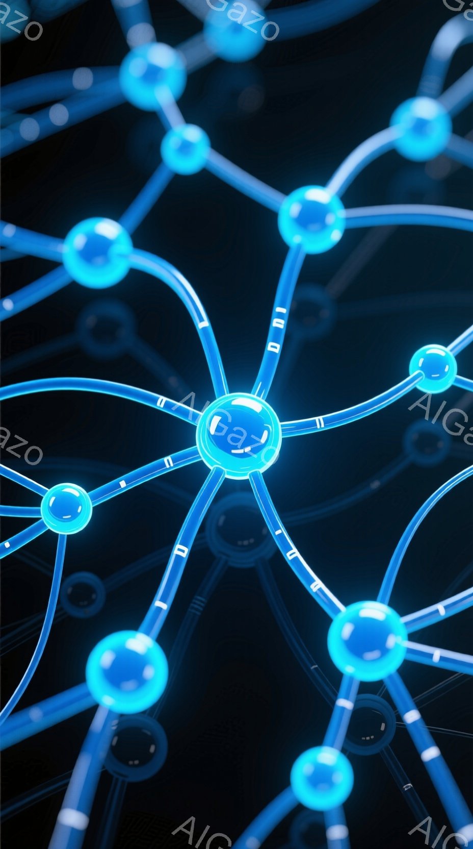 鮮やかな青色の光る球体が、細い青色の線で繋がれたネットワークを形成している様子が描かれています。球体は均等に配置され、中心に向かって線が放射状に伸びています。暗い背景が光る球体を強調し、未来的な雰囲気を作り出しています。