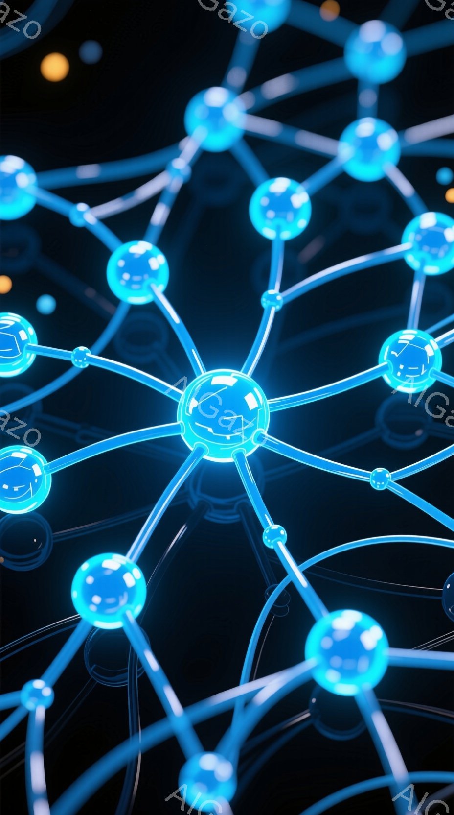 この画像は、暗い背景に浮かぶ青い発光ネットワークの抽象的な表現です。球状のノードが細い青い線で接続され、複雑なウェブ状の構造を形成しています。全体的に、未来的なテクノロジーやデータ接続を連想させる神秘 - AI生成フリー素材