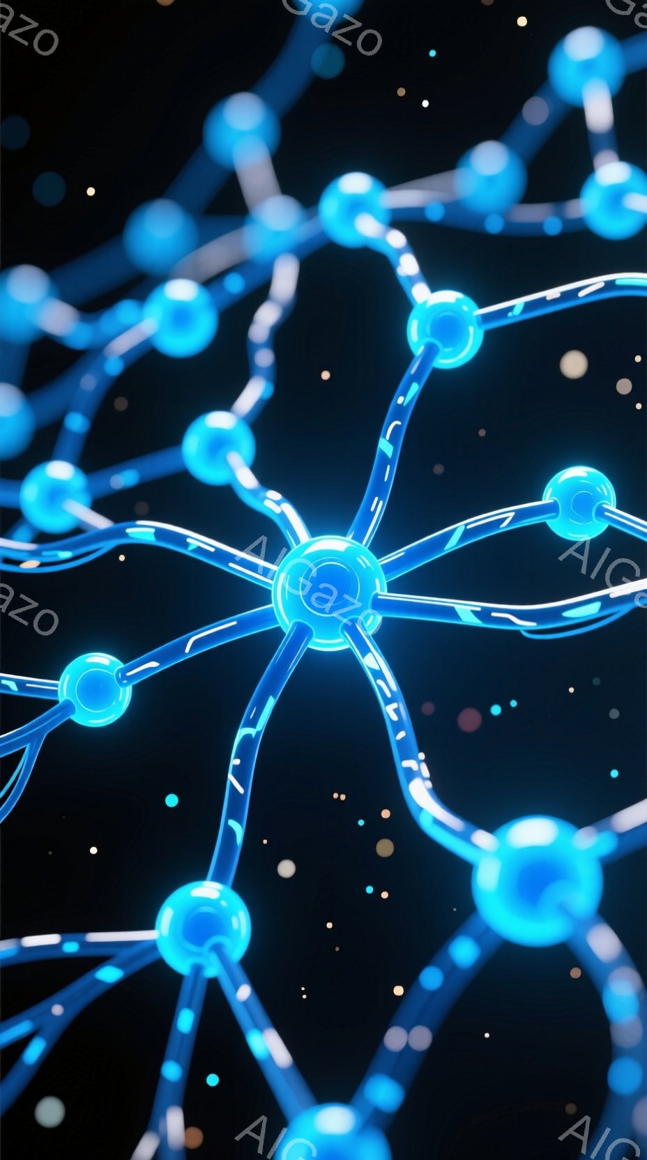 鮮やかな青色の光を放つ、球体と線で構成された複雑なネットワークが描かれています。球体はネットワークの結節点のように配置され、線はそれらを繋いでいます。背景は暗く、ぼんやりとした光点が散りばめられており、まるで宇宙空間のような神秘的な雰囲気を醸し出しています。