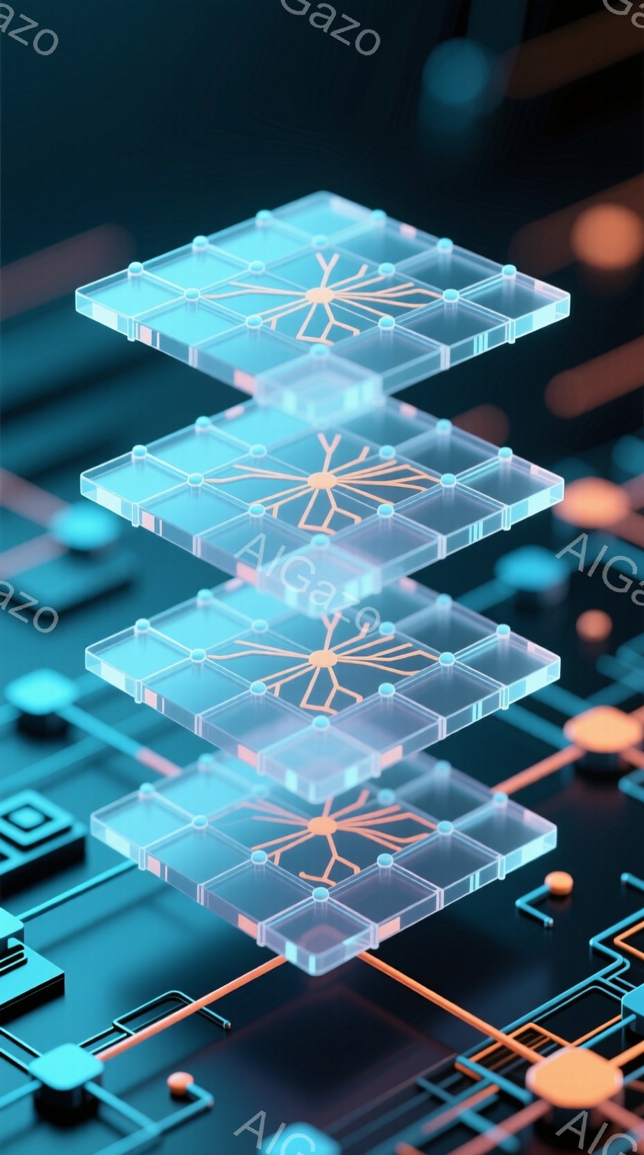 この画像は、半透明の正方形のレイヤーが重ねられた、未来的な回路基板のクローズアップです。各レイヤーには、複雑なオレンジ色の線で接続された青いノードが描かれ、データや接続性を示唆しています。全体的に、科学技術、デジタルネットワーク、そして革新的な未来を想起させる、クールで抽象的な雰囲気です。