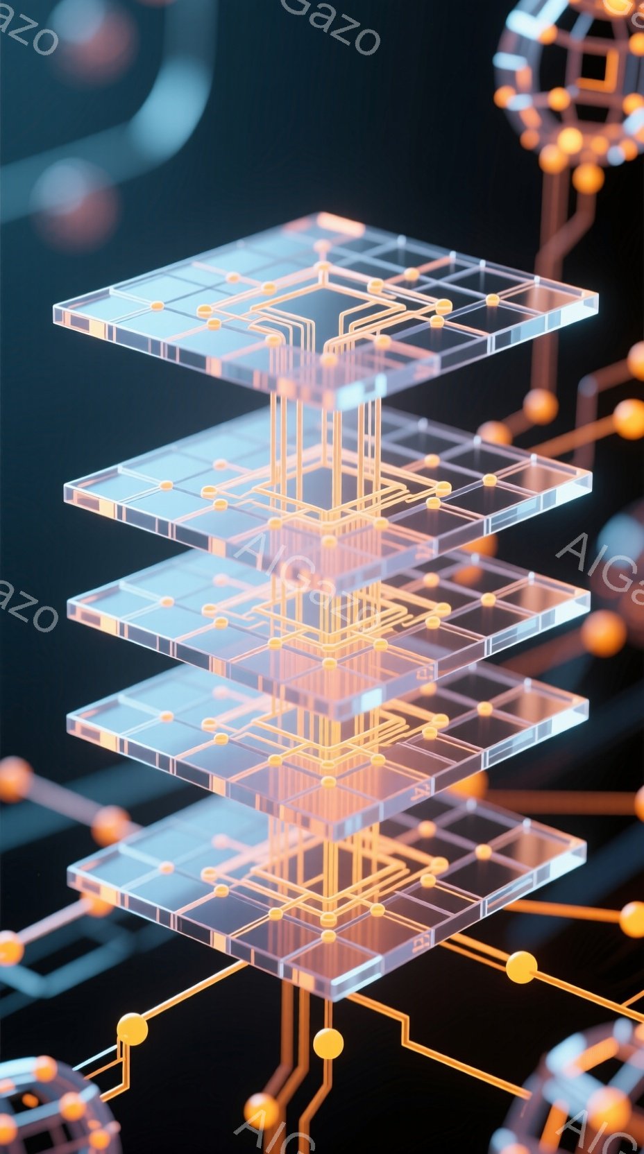 鮮やかなオレンジ色の回路が描かれた透明な板が何層にも重なって構成された抽象的なイメージです。回路は板の間で接続され、複雑なネットワークを形成しています。背景にはぼやけたオレンジ色の球体や回路が見え、未来的なテクノロジーの雰囲気を醸し出しています。