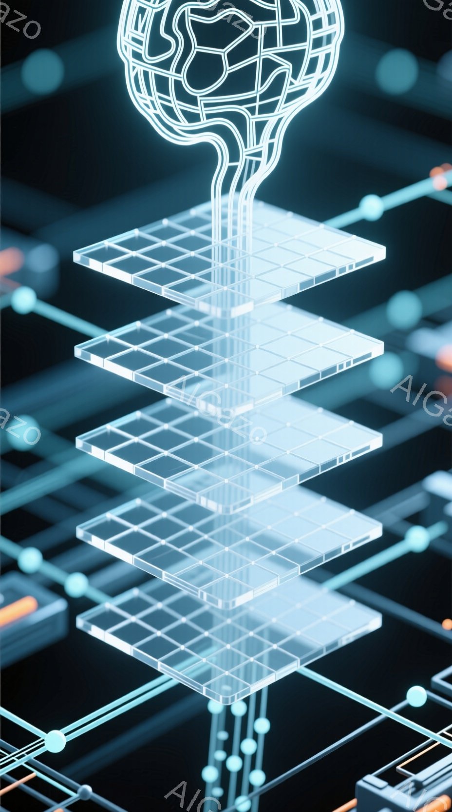 この画像は、青い光で表現された脳の形状が、透明なグリッド状のレイヤーをいくつも積み重ねた上に浮かんでいる様子を描いています。背景には、青とオレンジの線が複雑に絡み合ったサイバーパンク風の回路が描かれており、未来的なテクノロジーを連想させます。全体的に、知性とデジタル世界の融合を象徴するような、クールで洗練された雰囲気です。