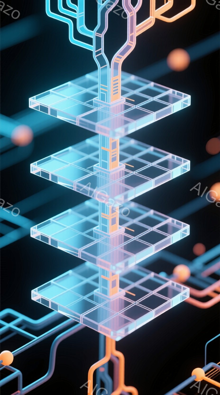 画像は、半透明の青い板が積み重なった構造と、オレンジ色の回路のような模様が特徴的です。板は互いに垂直な棒で繋がれており、未来的なテクノロジーやデジタル空間を連想させます。暗い背景と鮮やかな色のコントラ - AI生成フリー素材