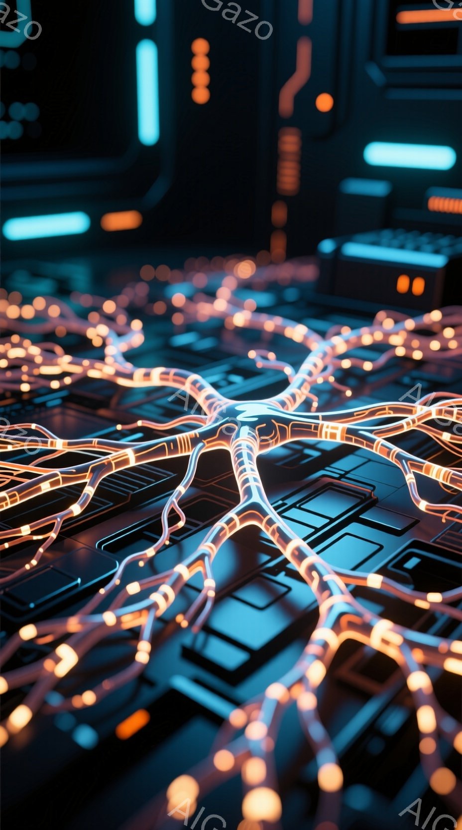 この画像は、複雑な電子回路を表現したもので、オレンジ色の光る線が網の目のように広がっています。背景は暗いグレーの基板で、未来的な都市の風景を彷彿とさせます。全体的に、技術革新と接続性を象徴する、クールで先進的な雰囲気を醸し出しています。