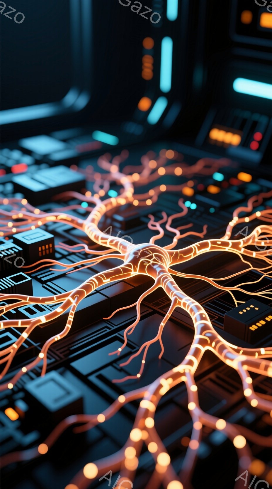 この画像は、未来的な回路のような光のネットワークが、ミニチュアの都市の上空に広がっている様子を描いています。都市は黒とグレーの幾何学的な建物で構成されており、光のネットワークはそれらを繋ぐように複雑に - AI生成フリー素材