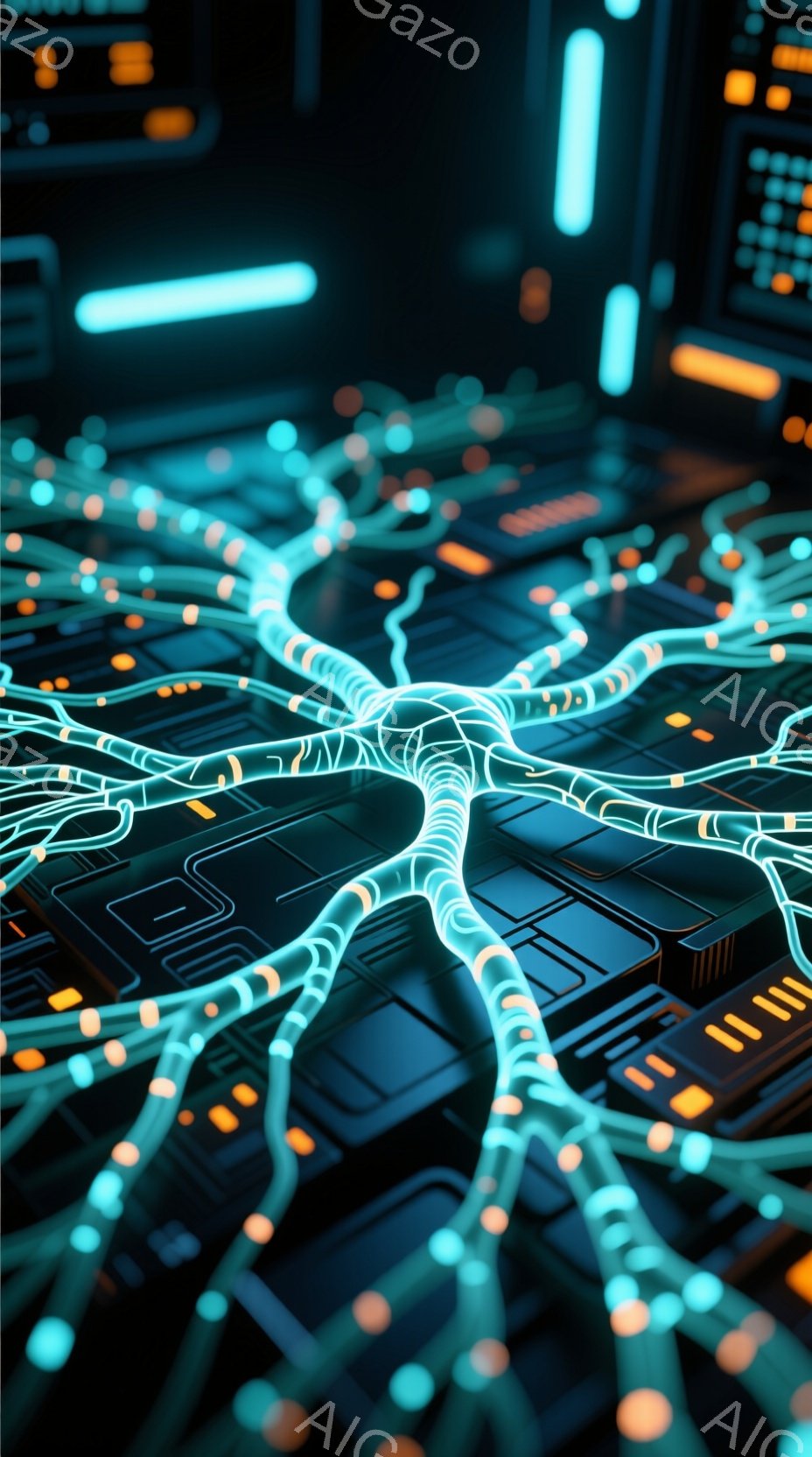 鮮やかなネオンブルーとオレンジ色の光が絡み合い、複雑な神経回路網のような構造を形成している。背景は幾何学的なパターンで構成された暗いグレーのグリッドであり、未来的なテクノロジーの内部構造を連想させる。 - AI生成フリー素材