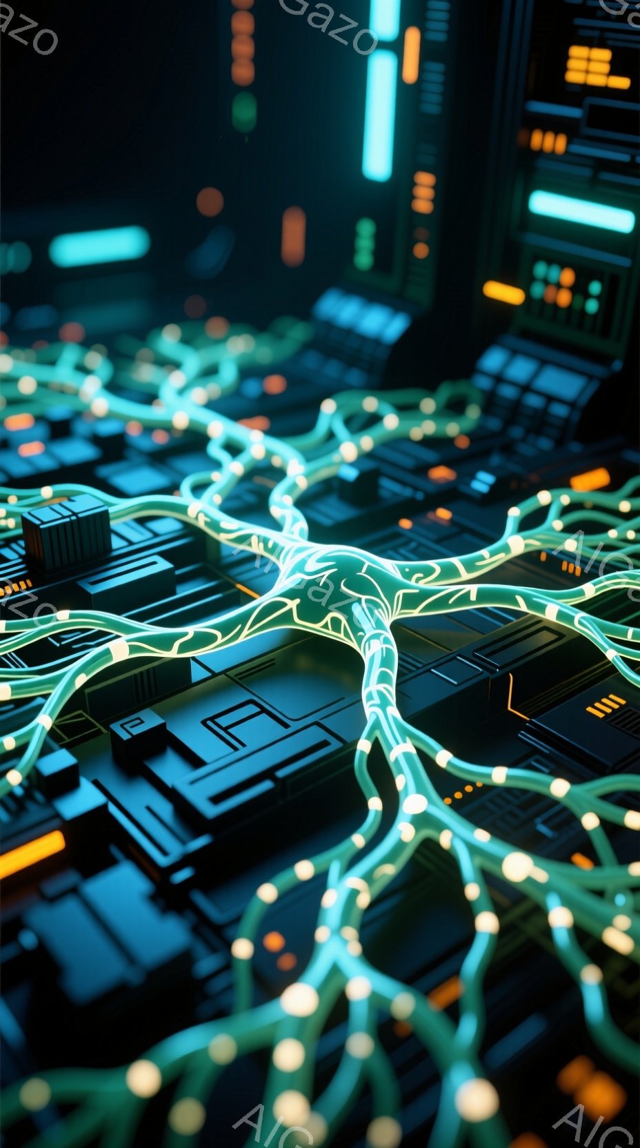 この画像は、暗い背景に浮かび上がる、複雑な神経細胞のような光る線状構造が特徴的です。青と緑の光が、回路基板のような構造の中に広がり、未来的なテクノロジーや生命の神秘を想起させます。全体的に、鮮やかな色彩と複雑なデザインが、サイバーパンク的な雰囲気を作り出しています。