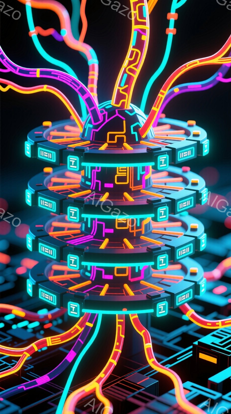 この画像は、蛍光色のネオンライトで構成された複雑な回路のような構造物を描いています。複数の円盤が積み重なり、それぞれが光る線で繋がれ、未来的な都市の基盤やエネルギー供給システムを思わせます。背景は暗く、構造物の光が際立ち、サイバーパンクのような雰囲気を作り出しています。