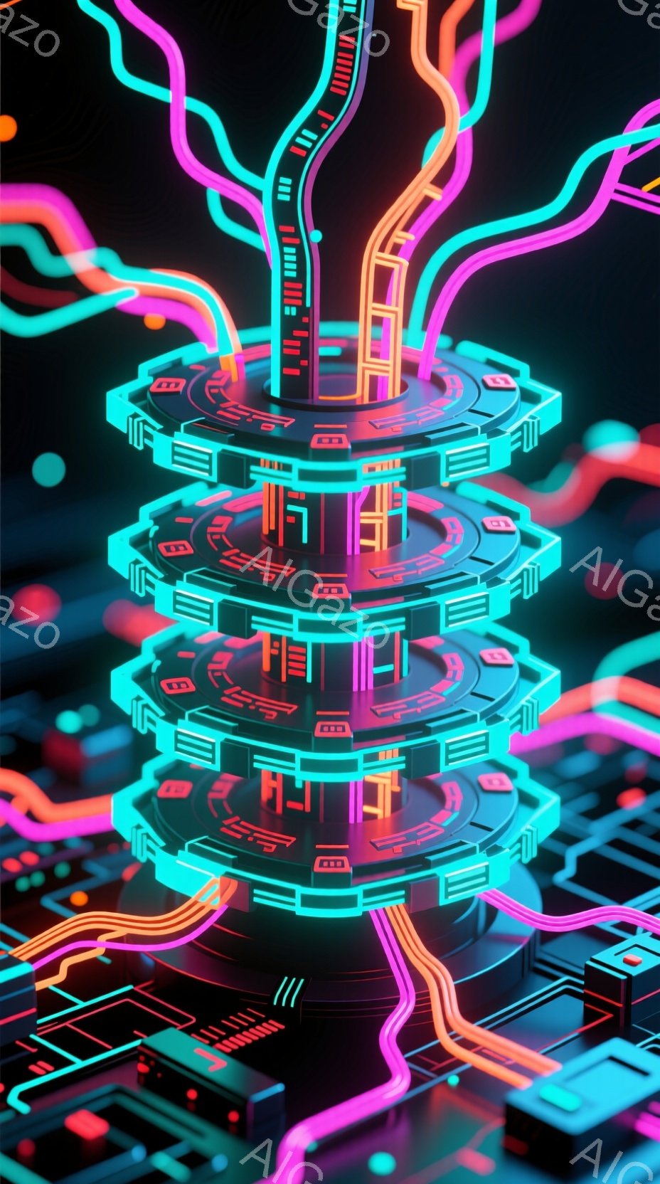 鮮やかなネオンカラーの回路が複雑に絡み合い、未来的な塔のような構造物を形成している。幾何学的な形状と発光する線が、サイバーパンク風のデジタル空間を想起させる。背景は暗く、回路の光が際立ち、全体としてテ - AI生成フリー素材