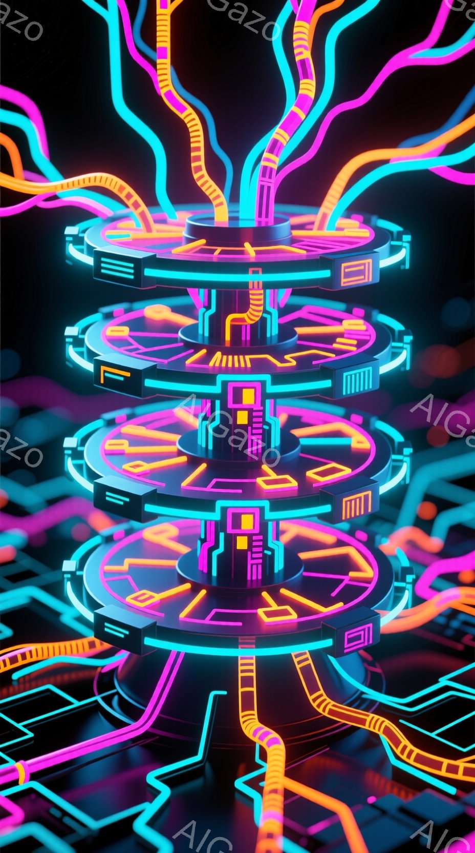 鮮やかなネオンカラーの幾何学的な構造物が、暗闇の中に浮かび上がっています。円盤状の層が積み重なり、複雑な配線のような光のラインがそれらを繋いでいます。未来的な雰囲気で、まるでサイバー空間の内部や、高度なテクノロジーの心臓部を覗き込んでいるようです。
