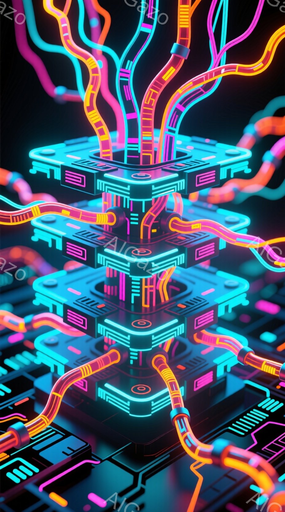鮮やかなネオンカラーの配線が複雑に絡み合い、幾何学的なプラットフォームを構成している。全体的にサイバーパンク風の未来的な回路基板のような印象で、光のラインが躍動感を生み出している。背景は暗く、配線の光が際立つことで、高度なテクノロジーとエネルギーの流れを感じさせる。