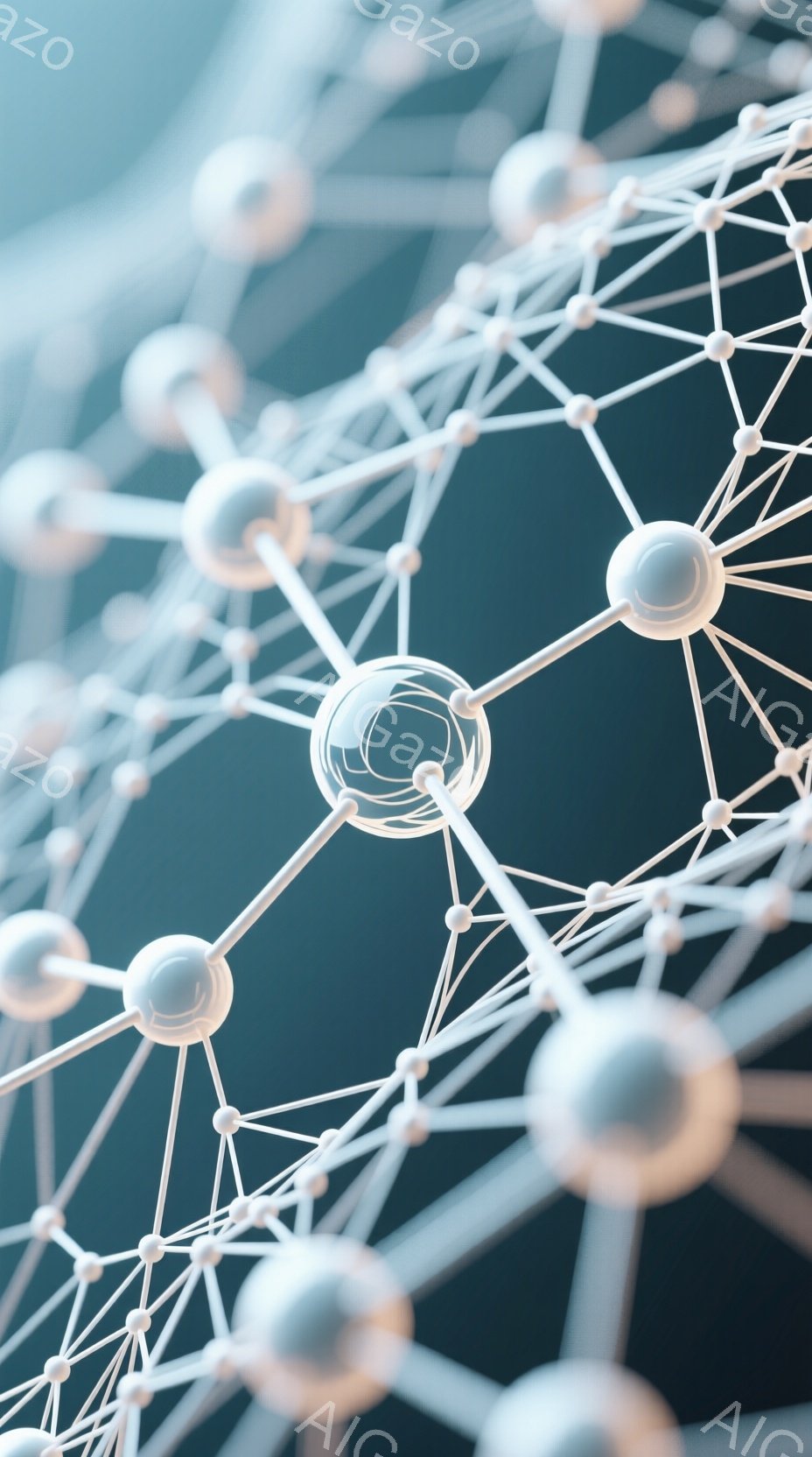 この画像は、互いに接続された白い球体と線で構成されたネットワーク構造をクローズアップで捉えたものです。球体は光沢があり、互いに繋がって複雑なウェブのような模様を形成しています。背景は濃い青色で、構造の立体感を強調しています。