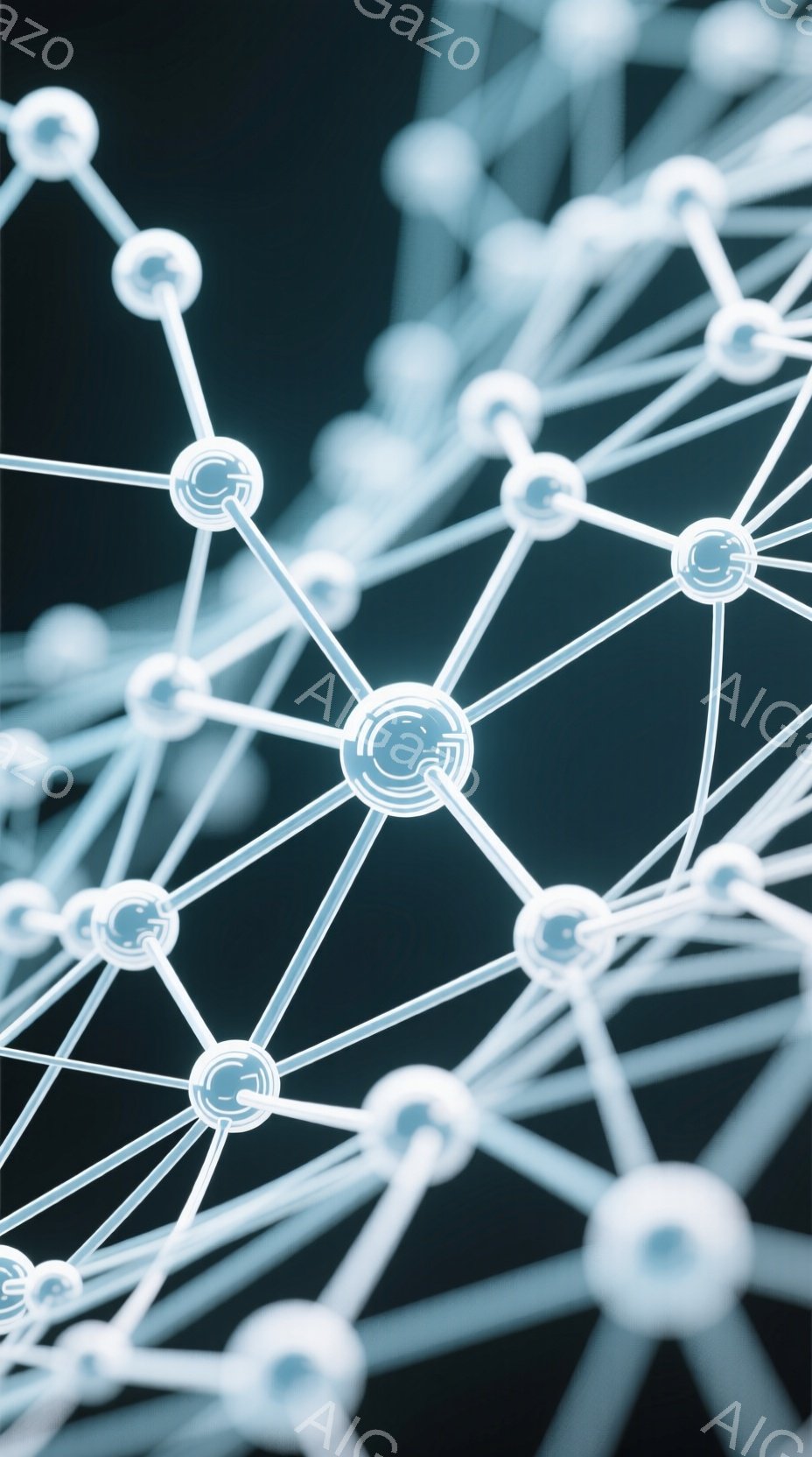 画像は、暗い背景に浮かぶ白く光る線と球体で構成された複雑なネットワーク構造を示しています。各球体には小さなアイコンが埋め込まれており、ネットワーク全体がまるでデジタルな接続や情報伝達の視覚化のようです。全体的に、未来的な印象を与える抽象的なイメージです。