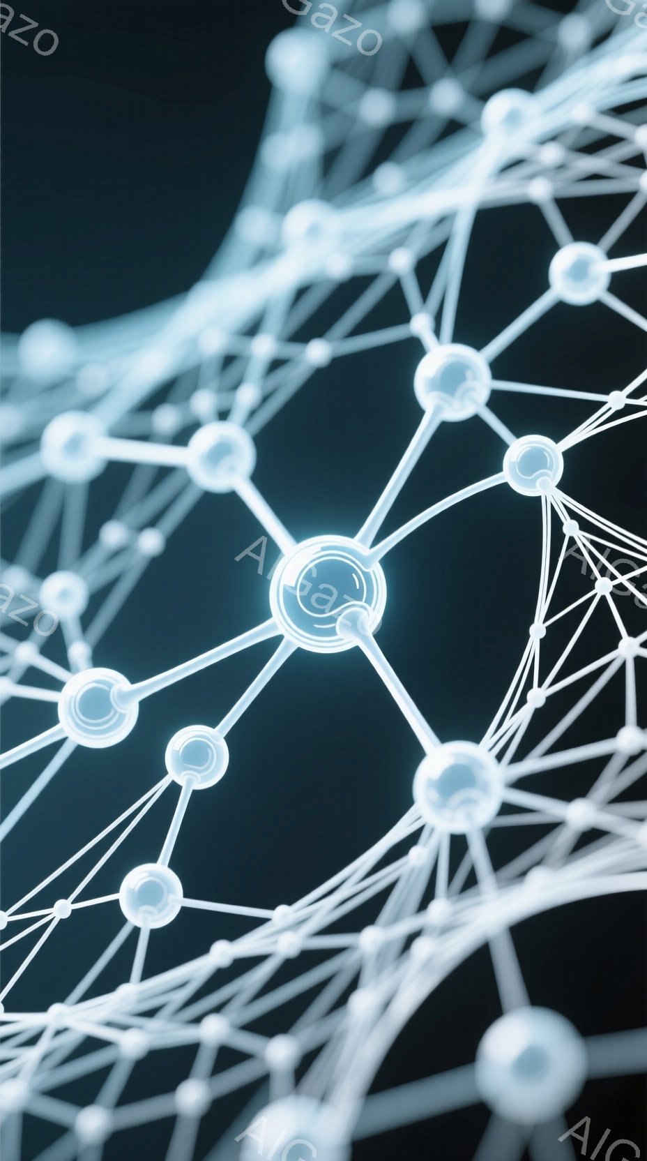 この画像は、暗い背景に浮かぶ、複雑なネットワーク構造を表しています。白く光る球体と線が絡み合い、まるで分子や神経回路網のような抽象的な形状を形成しています。全体的に未来的な雰囲気で、科学技術やデジタル世界のイメージを喚起させます。