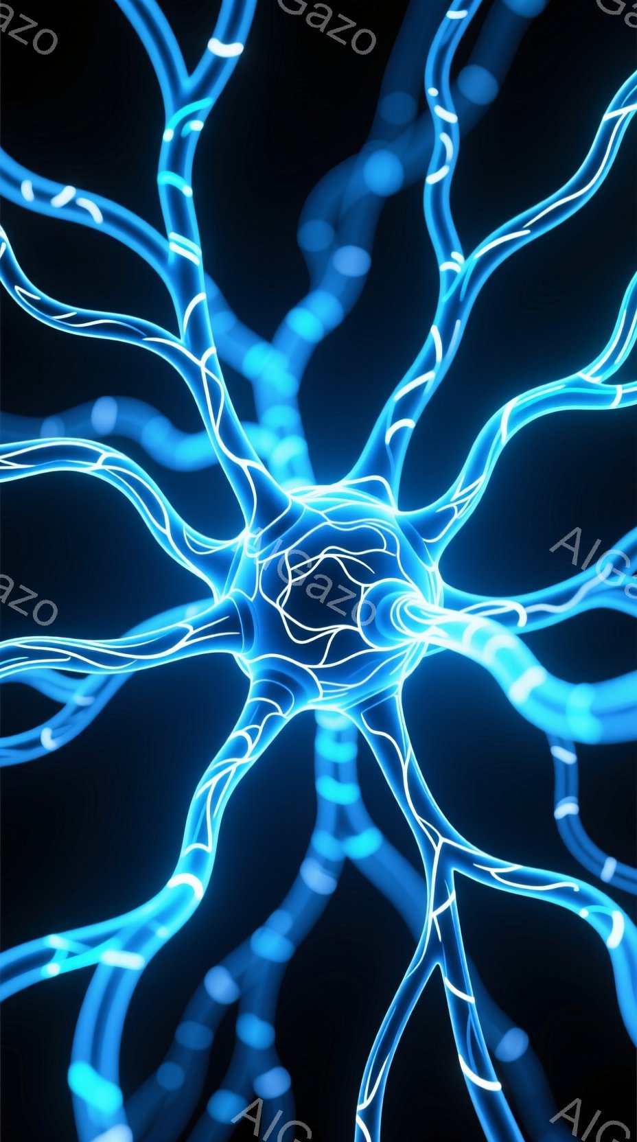 この画像は、青色の発光する神経細胞のネットワークを描いています。中心部から放射状に伸びる細い管状の構造が特徴で、まるで脳の神経細胞や血管のようにも見えます。暗い背景に浮かび上がり、未来的な科学的イメージを喚起させます。