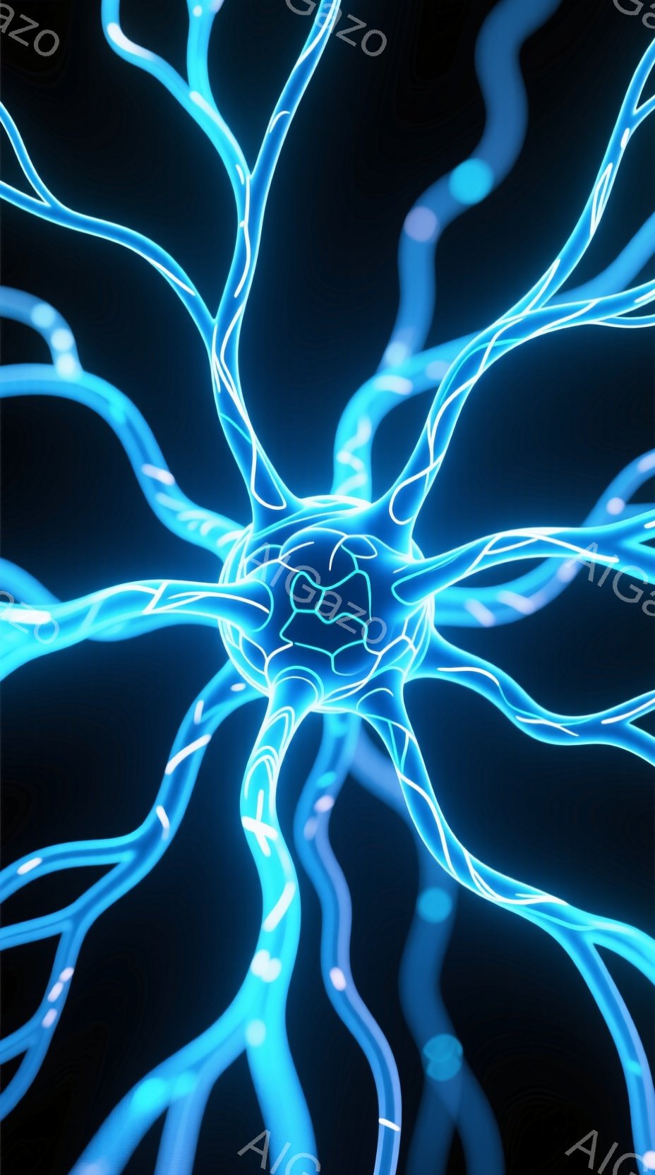 この画像は、暗い背景に浮かぶ、青く発光する神経細胞のような構造物を示しています。中心部は複雑な形状をしており、そこから太く細い光の線が放射状に広がっています。全体的に神秘的で、生命のエネルギーや脳の活動を連想させるような雰囲気です。