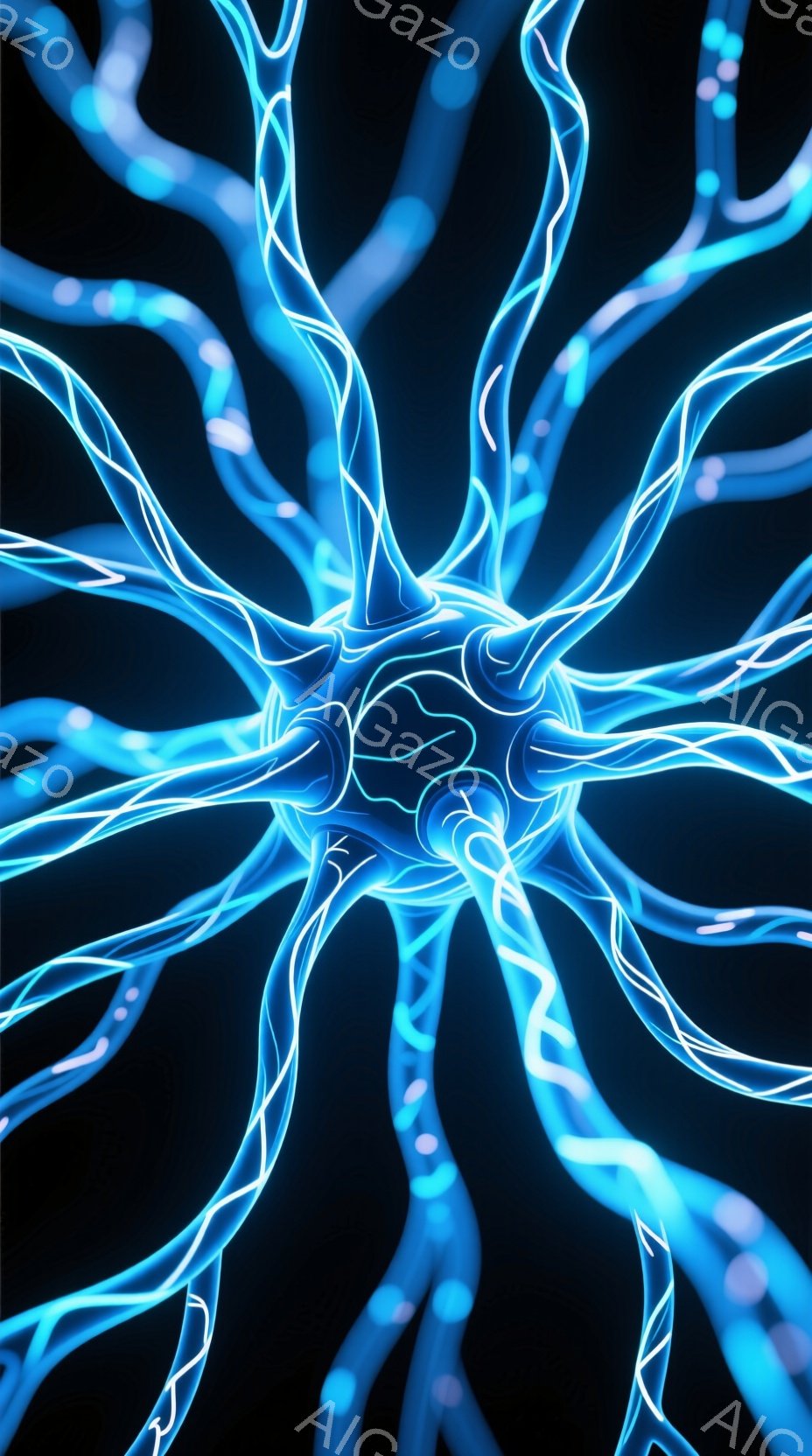 鮮やかな青色の光る線が、まるで神経細胞のような複雑なネットワークを形成している。中心部は球状で、そこから多数の線が放射状に広がっている様子は、生命力やエネルギーを感じさせる美しい抽象表現である。暗い背景が光る線を際立たせ、神秘的で未来的な雰囲気を醸し出している。