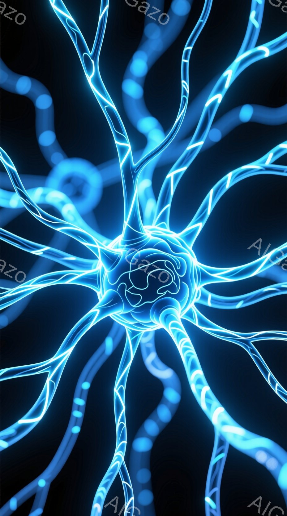 この画像は、鮮やかな青色の発光する神経細胞のネットワークを描いています。中心には複雑に絡み合った細胞体があり、そこから多数の細長い軸索や樹状突起が放射状に広がっています。背景は暗く、発光する神経細胞が際立って見え、まるで脳内の活動を視覚化したような神秘的な雰囲気を醸し出しています。