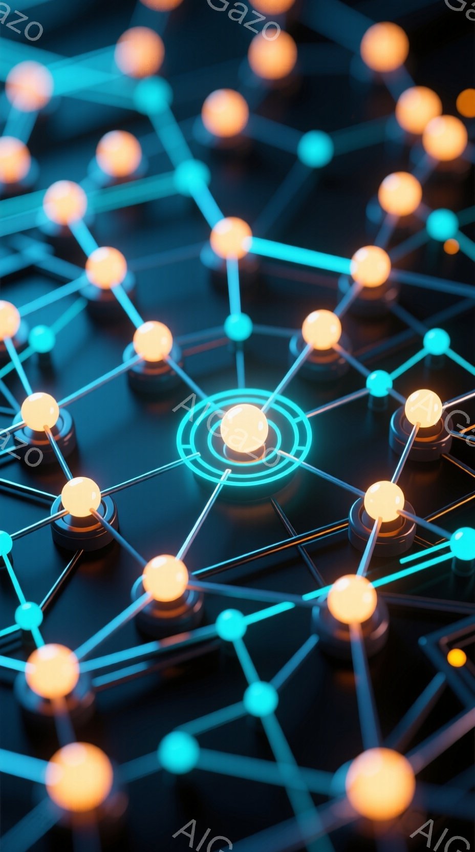 鮮やかなオレンジ色の球体が、細い青い線で複雑に繋がれたネットワークを形成しています。中央にはより明るい球体が配置され、まるでネットワークの中心核のように見えます。暗い背景が、球体と線の光を際立たせ、未来的な技術や接続性を連想させる雰囲気を作り出しています。