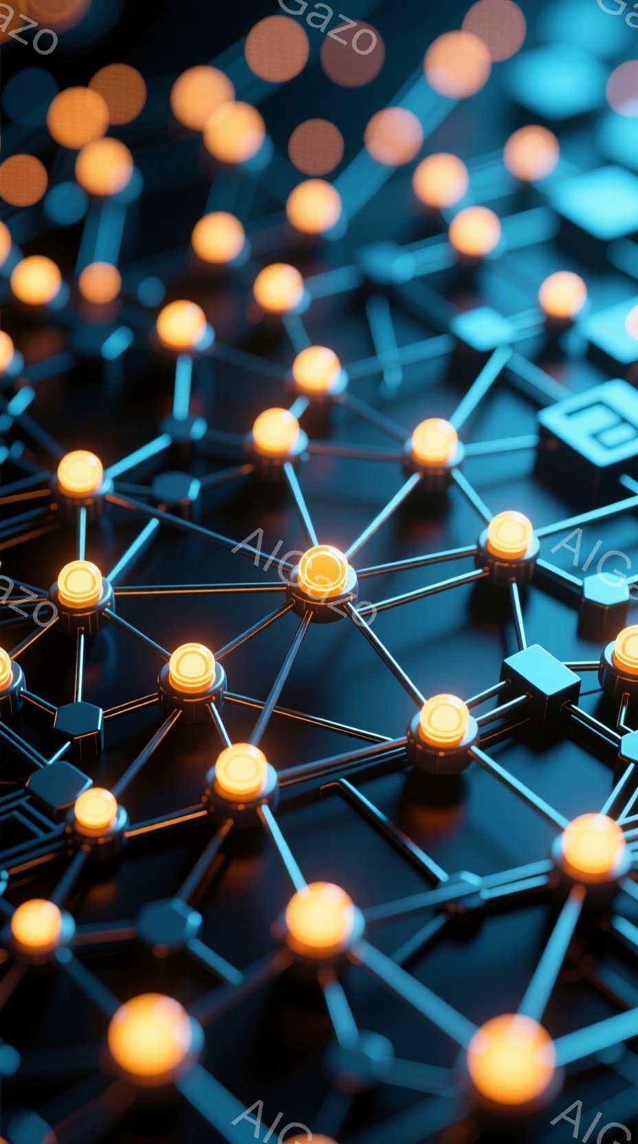 この画像は、オレンジ色の光る球体が線で結ばれたネットワークのクローズアップです。球体は、暗い背景に浮かび上がり、まるで回路や接続を示す抽象的な表現のようです。全体的に、テクノロジー、データ、またはコミュニケーションの概念を視覚的に表現した、未来的な雰囲気を持っています。