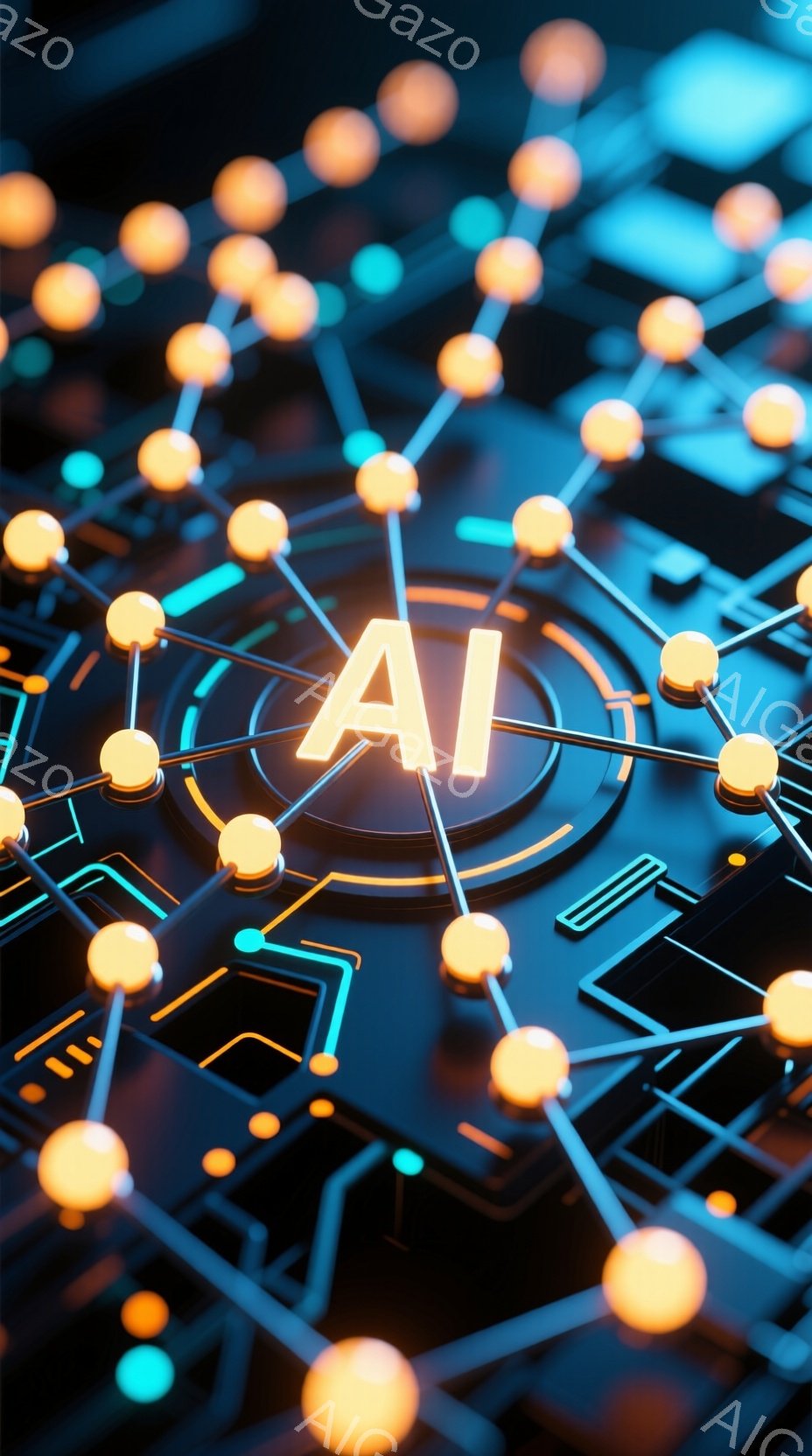 この画像は、光沢のある暗い背景に、接続されたオレンジ色の球体で構成されたネットワーク上に「AI」という文字が浮かび上がっています。球体と線は抽象的な回路パターンを形成し、技術的な、未来的な雰囲気を作り出しています。全体として、人工知能や機械学習といった概念を視覚的に表現したものです。
