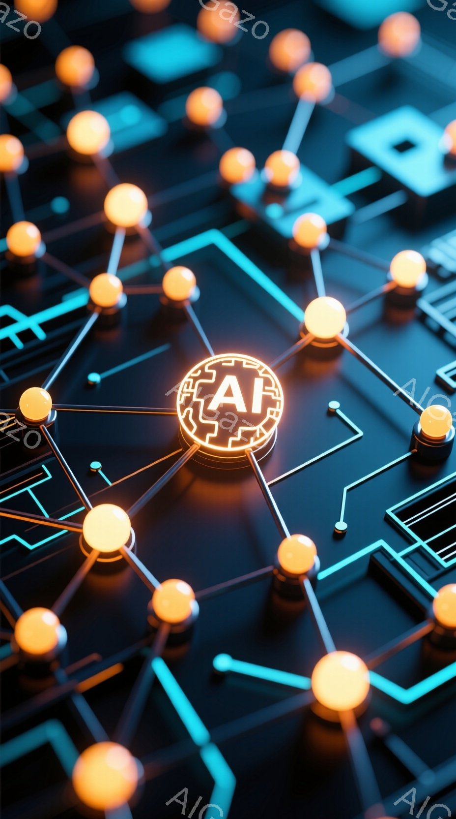 この画像は、暗い背景に光る回路図のようなものが広がっており、その中心に「AI」と書かれた光る球体が配置されています。回路は明るいオレンジ色で、球体とつながっており、まるでAIがネットワークの中心である - AI生成フリー素材